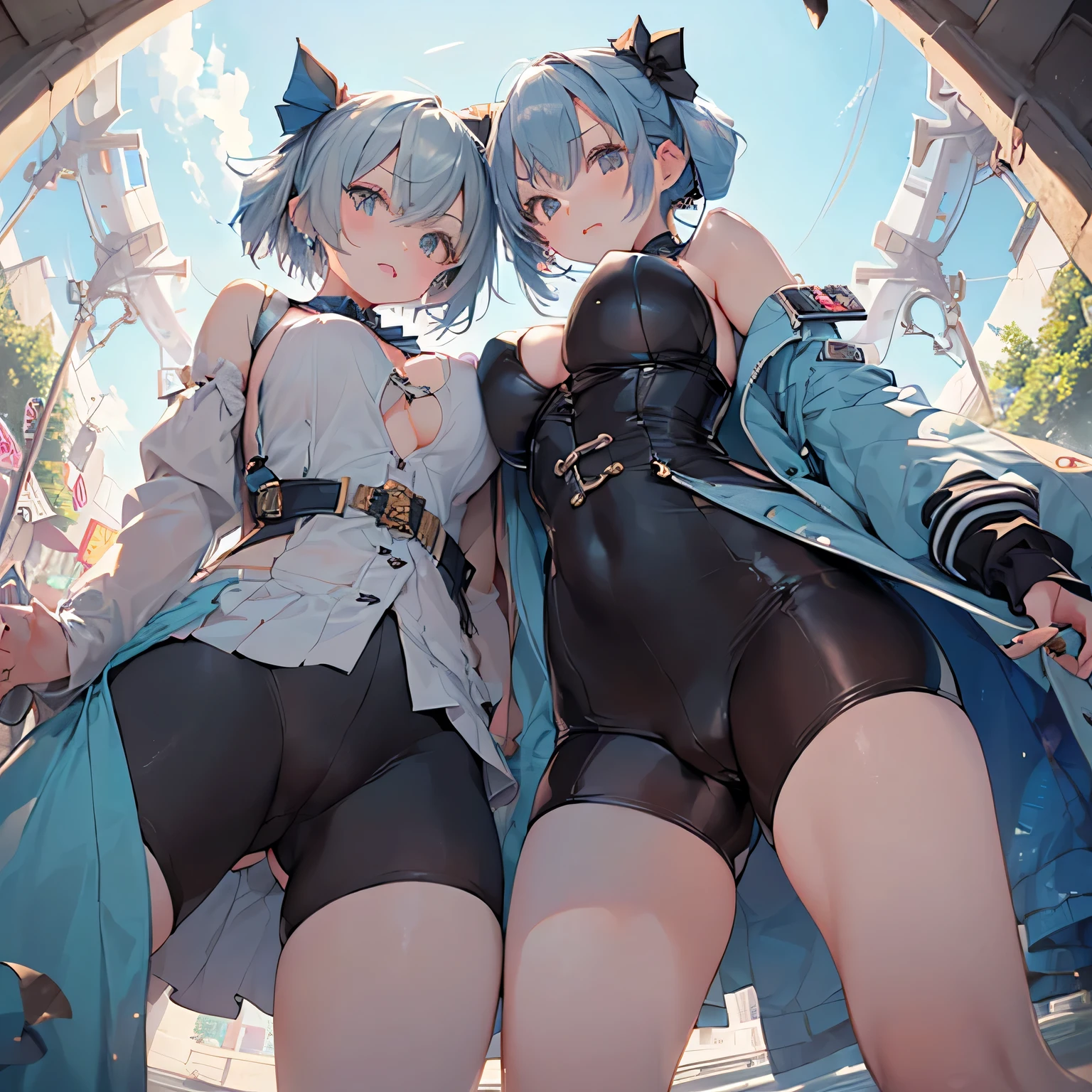 NSFW、Fisheye、(((Perfect photo))), (((Commemorative photo of three girls))), , Azusa Nakano, , Jacket, View your viewers, smile、((濡れたBetween the legs)), Hidden crotch、SFW with hidden breasts, Big ample breasts!, SFW Big, Beautiful and seductive anime woman, Big ample breasts!!, Bust ratio adopted, Highest quality, Official Art, Best Anatomy, ((Super shiny bike shorts,:1.5))、Glowing Skin、Cowboy Shot, (Extreme close-up of the cliff from below)、(((From below、Between the legs,Focus the head, chest and legs in the center of the screen.:1.8)))、Extremely colorful