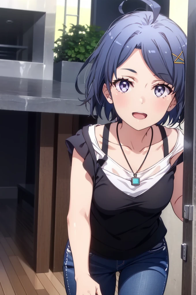 komachihikigaya, komachi hikigaya, short hair, Black Hair, hair ornaments, Ahoge, Hair Clip, x hair ornaments, (Purple eyes:1.1), tooth, happy smile, smile, Open your mouth, black tank top shirt,Locket Necklace,Skinny jeans,Stiletto heels,morning,morning陽,The sun is rising,Walking,whole bodyがイラストに入るように,
break outdoors, Building district,
break looking at viewer,whole body,
break (masterpiece:1.2), Highest quality, High resolution, unity 8k wallpaper, (figure:0.8), (Beautiful attention to detail:1.6), Highly detailed face, Perfect lighting, Highly detailed CG, (Perfect hands, Perfect Anatomy),