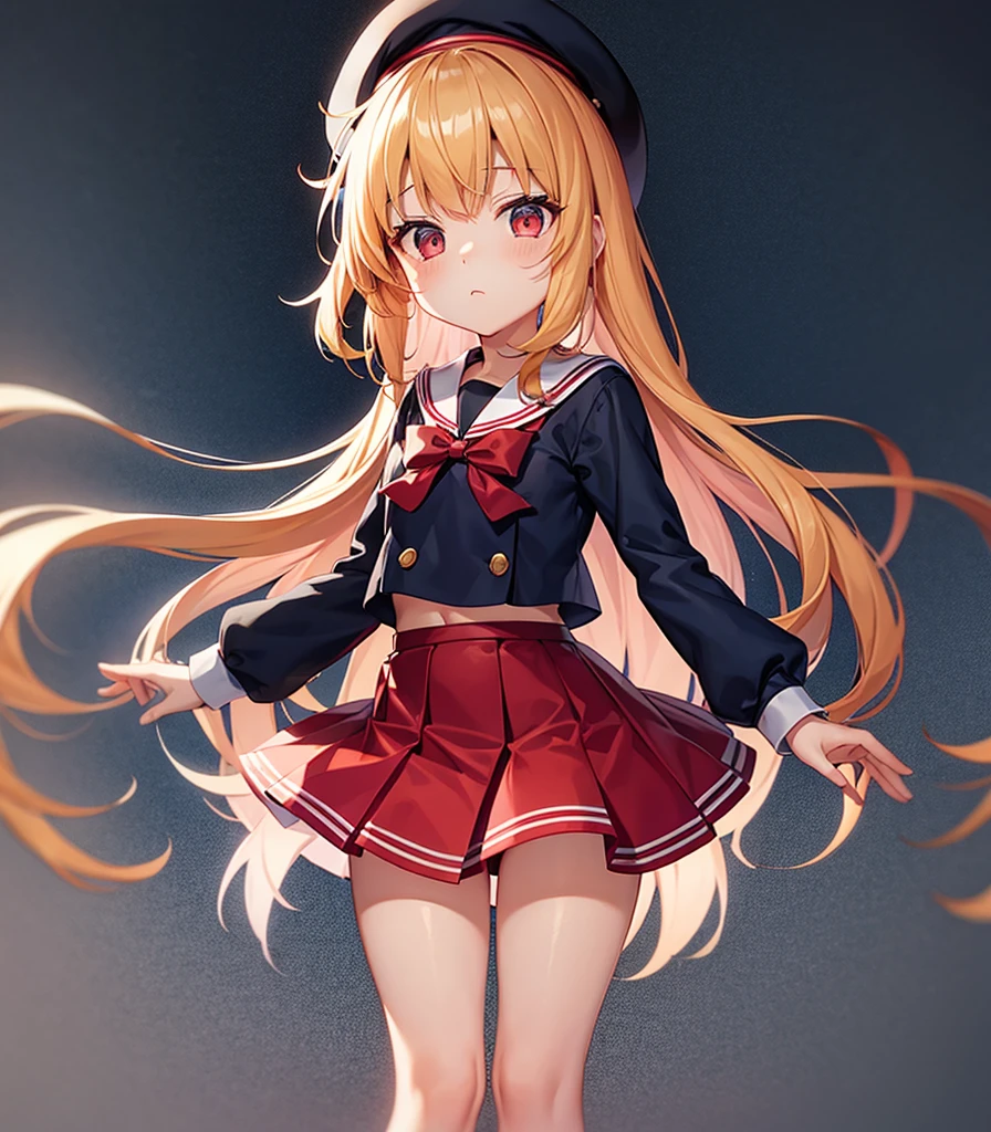 (Sailor suit),Big red ribbon,(((Navy Mini Skirt))),beret,,Cute little loli,Tiny Lori,Small girl,,Childish face, Very fine clean face,Top quality, Big eyes,Straight Hair,Yellow hair,Crimson Eye,(Dark Room), Subtle light, Natural light,Soft lighting,Light from directly behind, (Are standing), Cute pose, (Open your hands), Showing the whole body,Front view,Black background