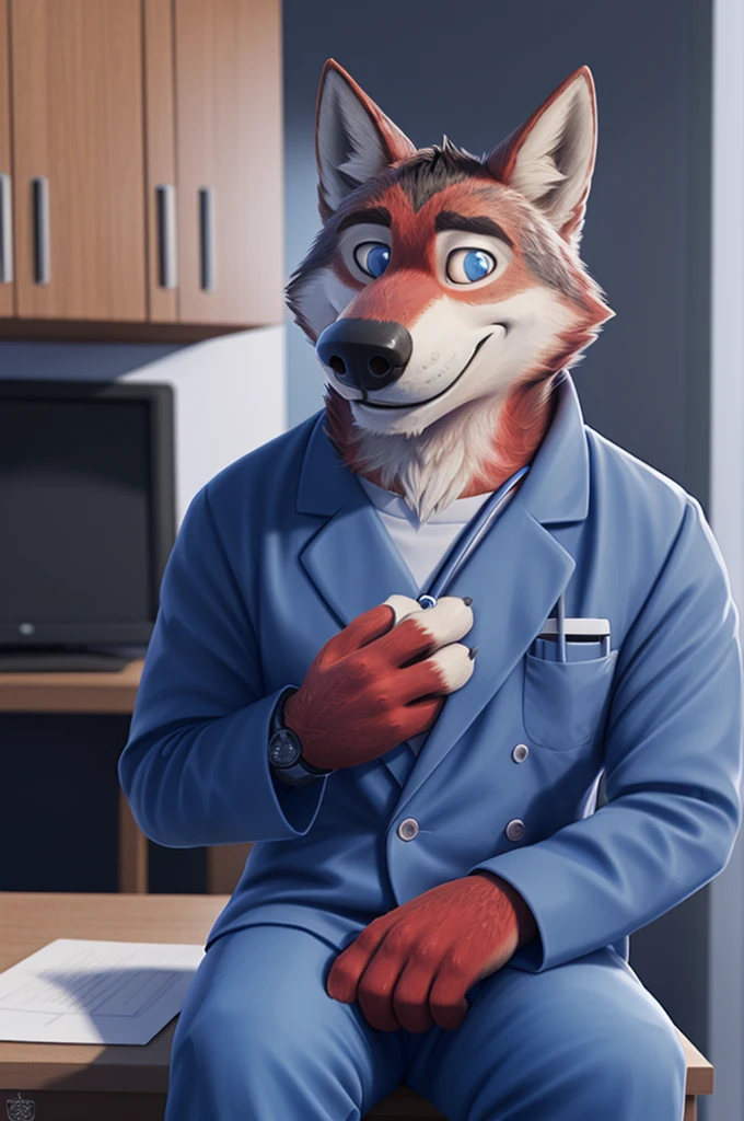 Ivan Fedorovich Wolfbach (Novosibirsk) ,tall handsome, wolf,young, 24 years, brown fur,Kind,(red body:1.3),beautiful blue eyes,Novosibirsk,dressed,medical gray suit,pants, cardiologist, canine, wolf, detailed fur, male, second, paw pads, finger claws,At the viewer, 5 fingers, paws, 5 fingers, smile, wrist watch, т nextel,by xenoforge, (difficult, high detail, digital photography, soft focus, RAW,is sitting кабинете врача окулиста, ,Very close to the camera, variety,Novosibirsk, smile, good mood, positive, Very close to the camera, medical suit, the cabinet hands out a stethoscope,
Photorealism, realistic, photorealistic, digital style, Subsurface scattering,I look at the viewer,is sitting, office oculist doctor oculist,
masterpiece, Best quality, ultra realistic, 8 thousand.)