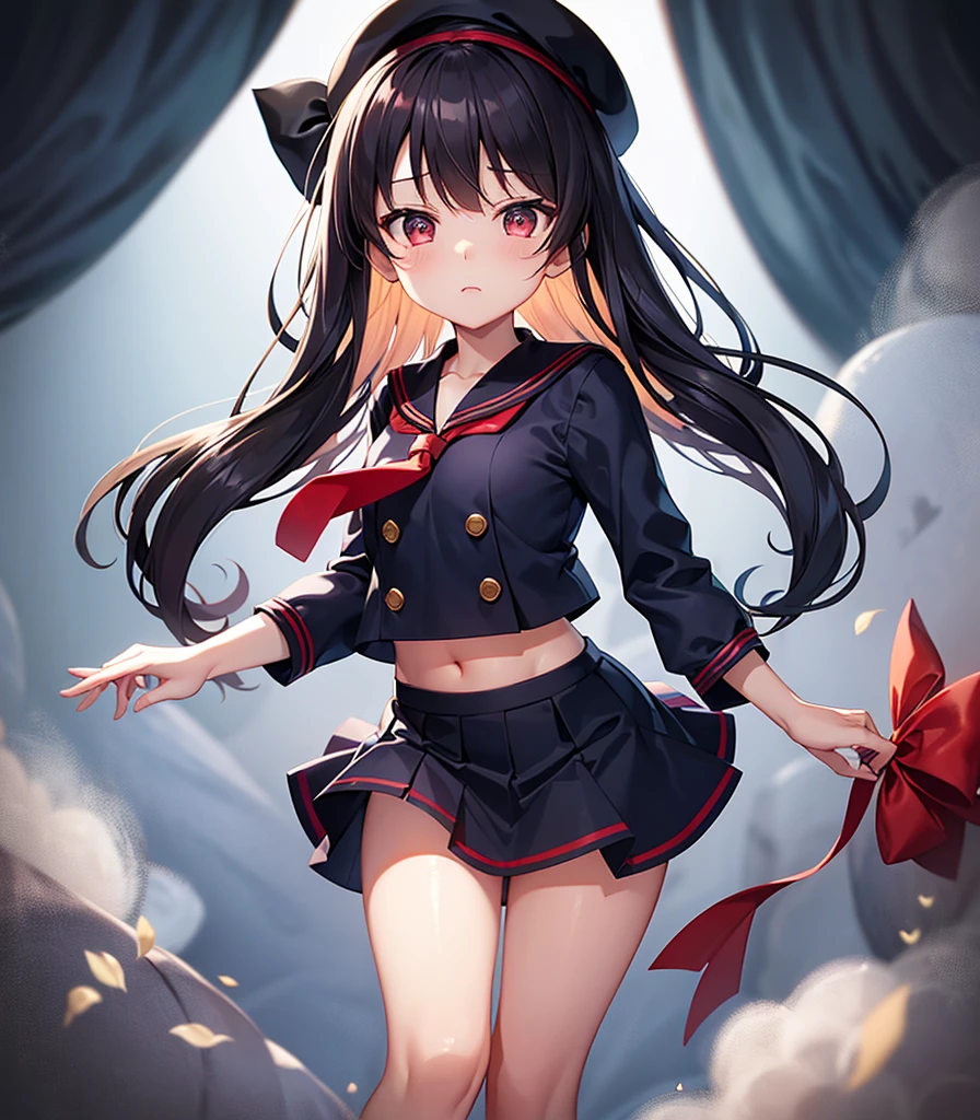 (Sailor suit),Big red ribbon,(((Navy Mini Skirt))),beret,,Cute little loli,Tiny Lori,Small girl,,Childish face, Very fine clean face,Top quality, Big eyes,Straight Hair,Yellow hair,Crimson Eye,(Dark Room), Subtle light, Natural light,Soft lighting,Light from directly behind, (Are standing), Cute pose, (Open your hands), Showing the whole body,Front view,Black background