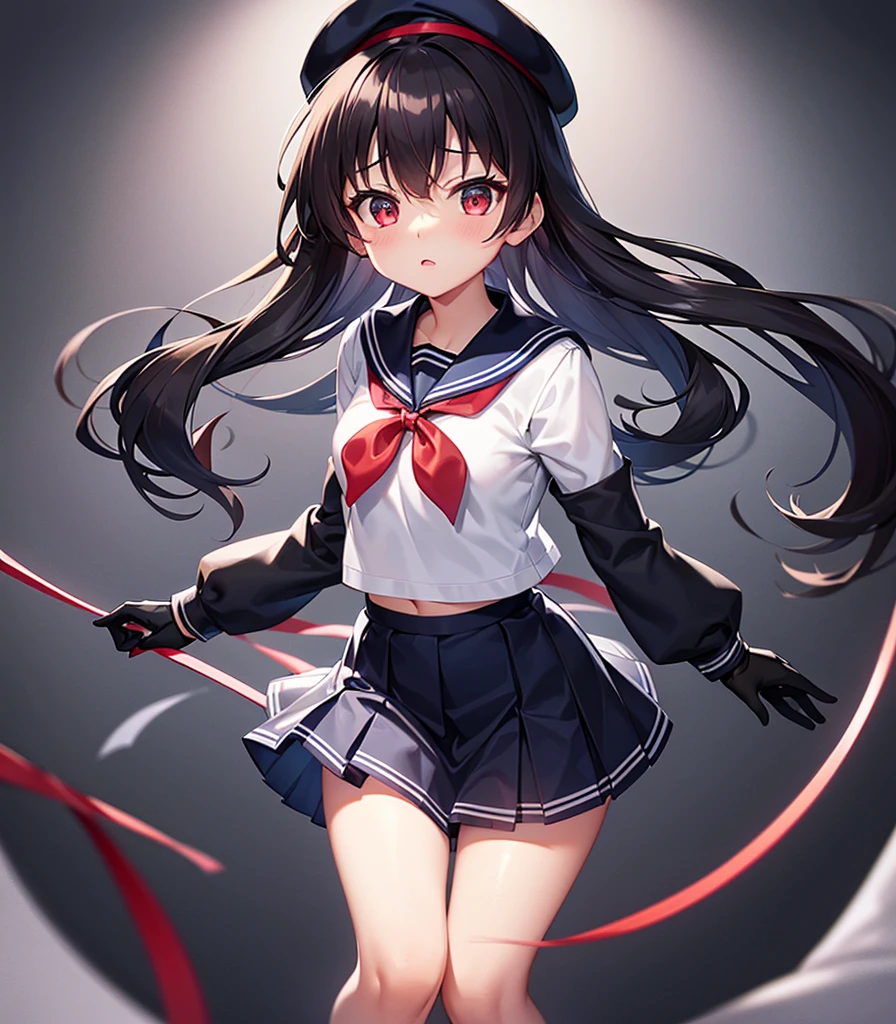(Sailor suit),Big red ribbon,(((Navy Mini Skirt))),beret,,Cute little loli,Tiny Lori,Small girl,,Childish face, Very fine clean face,Top quality, Big eyes,Straight Hair,Yellow hair,Crimson Eye,(Dark Room), Subtle light, Natural light,Soft lighting,Light from directly behind, (Are standing), Cute pose, (Open your hands), Showing the whole body,Front view,Black background
