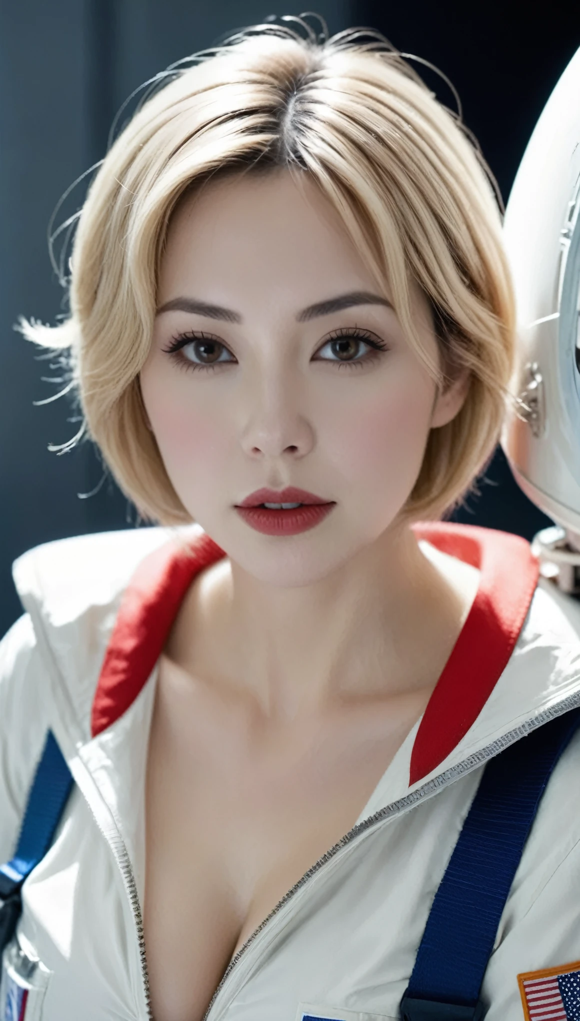 (((surreal woman)))、((Very beautiful 30 year old white woman))、(((Big big cleavage)))、(((woman astronaut)))、(((Big big cleavage)))、
short hair、blonde mature、Chubby body type、Beautiful expression、Beautiful brown eyes、Stay on a huge space station、Red lips、(((Please wear a space suit)))、(((alone)))、