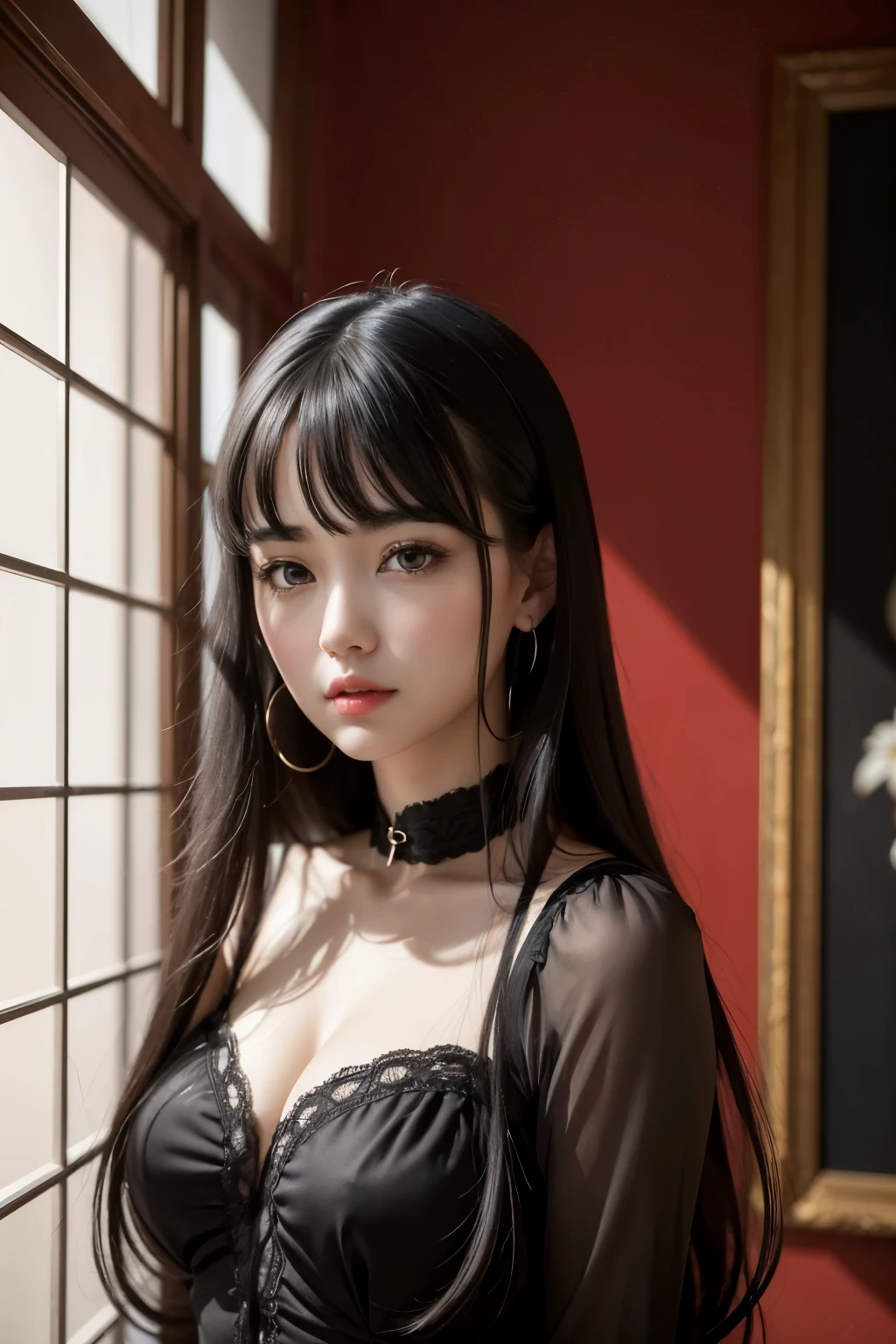 ((best qualityer)), ((work of art)), (detailded), 1 female girl, described as having black hair, heart shaped face, fair skin and large, dark, expressive eyes