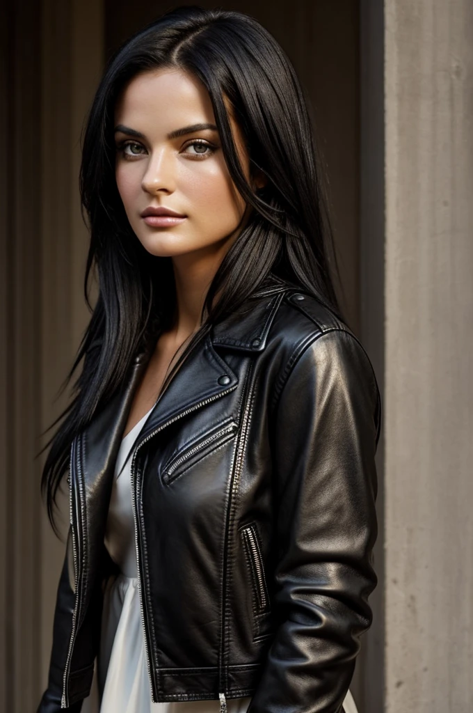 Create me a 30-year-old model with black hair, light-colored eyes, the model must have American features, dress her in a leather jacket, it needs to be a portrait photo where she looks straight into the camera