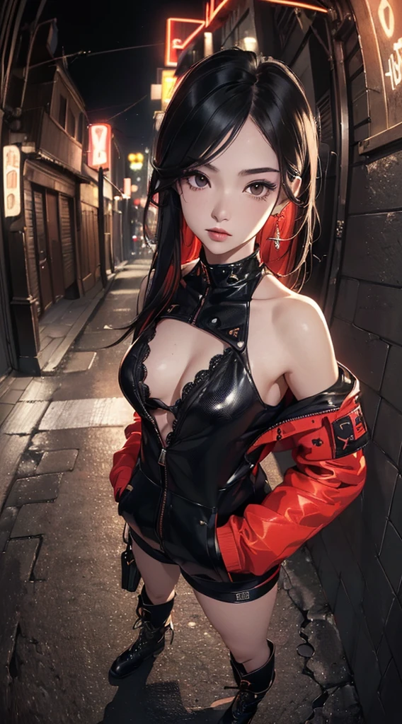 (((8k wallpaper of extremely detailed CG unit:1.2, masterpiece, hight resolution:1.2, top-quality:1.2, masutepiece))), ((a very beautiful woman, Hands in pockets:1.8, Street fashion:1.2, wearing a colorful jacket:1.2, Wearing boots)), ((extra detailed face, Highly detailed black eyes, extra detailed body, Top quality real texture skins)), (Red Straight Hair:1.2, de pele branca, Small, exposed shoulder), ((Empty alley, Mileland. natta, Neon Street)), (high-angle, a closeup, Fisheye:1.3), hyper realisitic, digitial painting,