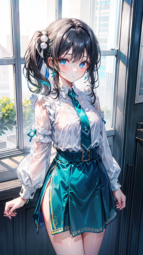 (Best quality, 8k, 32k, Masterpiece, UHD,:1.2),RAW, 1girl,ultra cute , natural lighting,transparent shining eyes, 20yo ,fair complexion, Modern Minimalist Puff Sleeve Shirt Dress Design Fabric, Crisp, high-quality inen in a solid, bold color such as emerald green or cobalt blue Sihouette, Straight cut with a relaxed fit, hitting mid-thigh for a modern effortless look. Sleeves, Oversized puff sleeves that taper into fitted cuffs, creating a dramatic yet sleek sihouette. White medium ponytail, Cowboy shot, near the windows, shiny, From above, Closeup shot