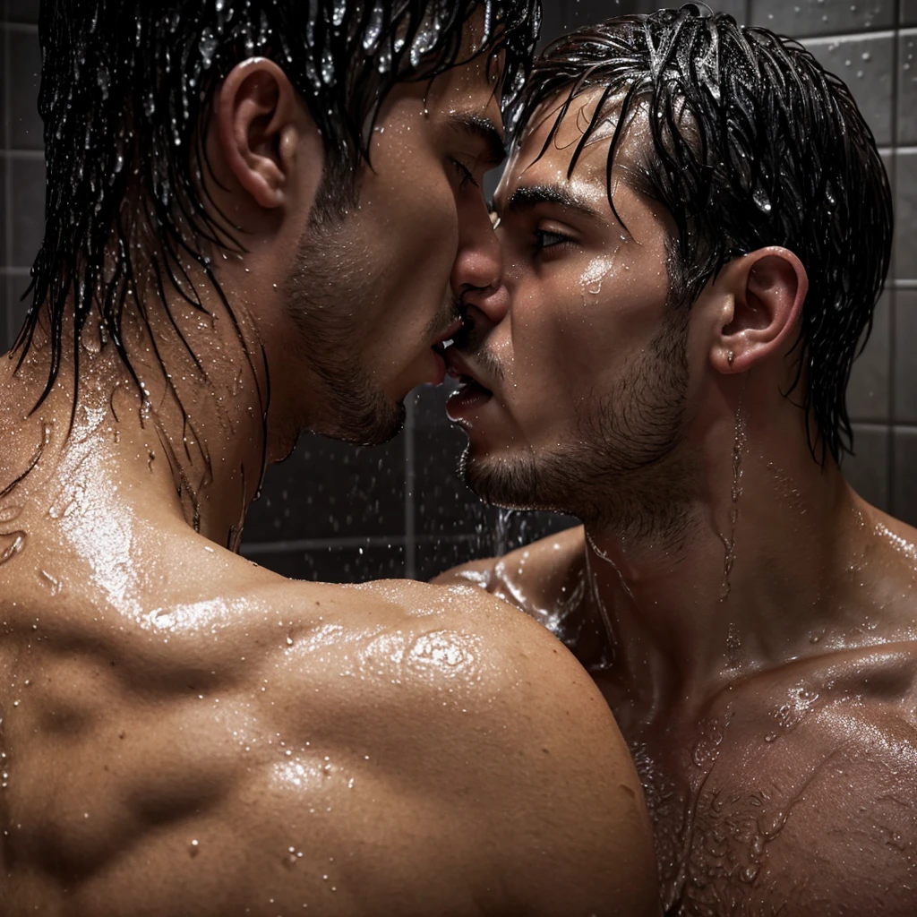 a passionate kiss between two soaking wet young  men in the shower, wearing wet clothes. detailed realistic facial features, water droplets, hyper detailed photorealistic cinematic composition, sensual high contrast 8k, muscular bodies, wet clothes