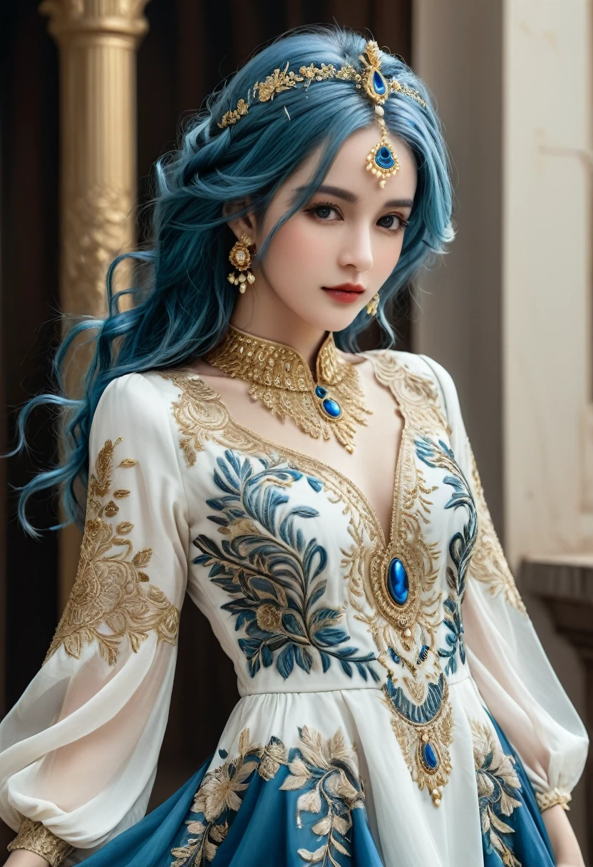 a woman with elegant dress, blue hair, white skin, posing, outfit is adorned with gold embroidery, best quality, high resolution, ultra-detailed,