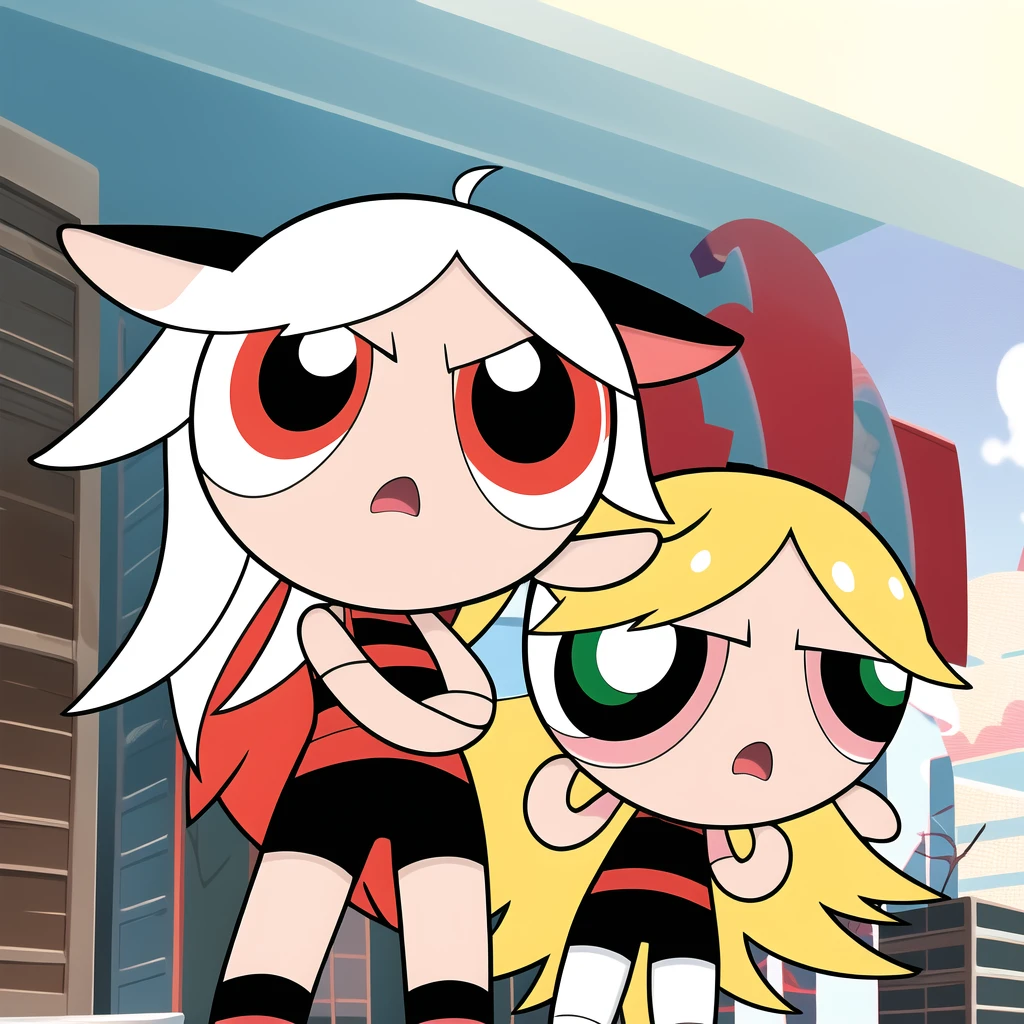 chibi, 1girl, multicolored hair , red eyes, white hair, black short sleeve shirt, black shorts