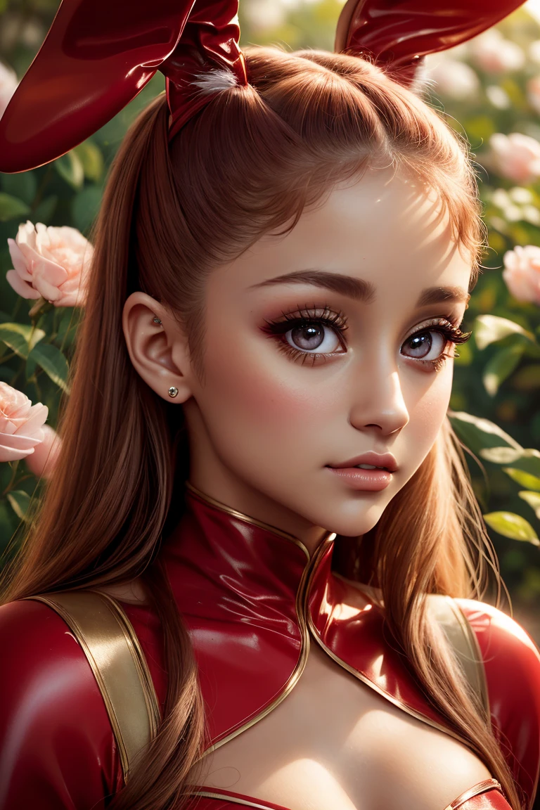 Ariana Grande, wearing bunny red costume transparent. professionally retouched, soft lighting, realistic, smooth face, perfect eyes, sharp focus on eyes, 8 k, high definition, insanely detailed, intricate, elegant. against the background of the garden.