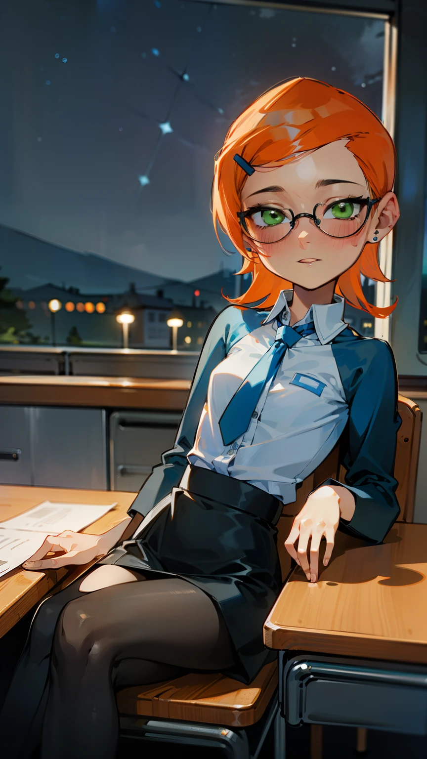 (Masterpiece), Best Quality, ultra-detailed, 1girl (Gwendolyn_Tennyson, Slender and sexy body, lovely small breasts, orange hair, long wave hair, green eyes, half-closed eyes, spectacles), a come-hither face, smirk , parted lips, nose blush, blush, facing viewer, looking at viewer, solo, business suits,business jacket, dark blue jacket, white y-shirts(buttons), necktie, tight skirt,dark blue skirt, black pantyhose, in the classroom, night time, , sitting, sitting on desk, crossed_legs, come-on, lure,, Sexy waist teasing, ,