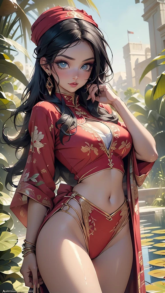arabian girl,1girl,

(large breasts:1.4),((((long dark hair,dark hair,black hair,colored inner hair)))),(((blue_eyes:1.3))),intricate eyes,beautiful detailed eyes,symmetrical eyes,((((lustrous skin:1.5,tanned skin,bright skin: 1.5,skin tanned,shiny skin,very shiny skin,shiny body,Reflective skin)))),(spider lower abdomen,narrow waist,wide hip,athletic body,inflated legs,thick thighs,delicate detailed fingers,(detailed face)),beautiful detailed lips,

cute,slutty,sensual,seductive look,seductive,((erotic)),opulent,sumptuous,((nsfw)),

((((sikh woman warrior)))),arabian accessories,(arabian jewelry in her arms),earrings,(((eyeshadow,arabian makeup,eyelid makeup))),(((red clothes,red outfit,wet clothes,intricate outfit,embroidered outfit,ornate outfit,intricate cloth,embroidered cloth,ornate cloth))),

(dynamic pose:1.3), looking at viewer,embarrassed,centered,scale to fit dimensions,Rule of thirds,

outdoors,(Arab palace,Arab palace background,pyramids in the background),scenery,(oasis,oasis background),extremely scenery,(puddles everywhere,moss,moss on the background),clouds,Arab style,Arab castle,lily pads,palms,reeds,(sunset, golden hour),

(Glossy Arab ornaments),highres,sharp focus,(ultra detailed,extremely detailed),(photorealistic artwork:1.37),(extremely detailed CG unity 8k wallpaper),(((vibrant colors,vibrant theme))),(intricate),(masterpiece),(best quality),artistic photography,(photography taken by sldr),(intricate background),perfect rendered face,perfect face details,realistic face,photo realistic,((intricate detail)),(((realism))),
