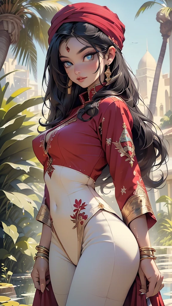 arabian girl,1girl,
(large breasts:1.4),((((long dark hair,dark hair,black hair,colored inner hair)))),(((blue_eyes:1.3))),intricate eyes,beautiful detailed eyes,symmetrical eyes,((((lustrous skin:1.5,tanned skin,bright skin: 1.5,skin tanned,shiny skin,very shiny skin,shiny body,Reflective skin)))),(spider lower abdomen,narrow waist,wide hip,athletic body,inflated legs,thick thighs,delicate detailed fingers,(detailed face)),beautiful detailed lips,
cute,slutty,sensual,seductive look,seductive,((erotic)),opulent,sumptuous,((nsfw)),
((((sikh woman warrior)))),arabian accessories,(arabian jewelry in her arms),earrings,(((eyeshadow,arabian makeup,eyelid makeup))),(((red clothes,red outfit,wet clothes,intricate outfit,embroidered outfit,ornate outfit,intricate cloth,embroidered cloth,ornate cloth))),
(dynamic pose:1.3), looking at viewer,embarrassed,centered,scale to fit dimensions,Rule of thirds,
outdoors,(Arab palace,Arab palace background,pyramids in the background),scenery,(oasis,oasis background),extremely scenery,(puddles everywhere,moss,moss on the background),clouds,Arab style,Arab castle,lily pads,palms,reeds,(sunset, golden hour),
(Glossy Arab ornaments),highres,sharp focus,(ultra detailed,extremely detailed),(photorealistic artwork:1.37),(extremely detailed CG unity 8k wallpaper),(((vibrant colors,vibrant theme))),(intricate),(masterpiece),(best quality),artistic photography,(photography taken by sldr),(intricate background),perfect rendered face,perfect face details,realistic face,photo realistic,((intricate detail)),(((realism))),