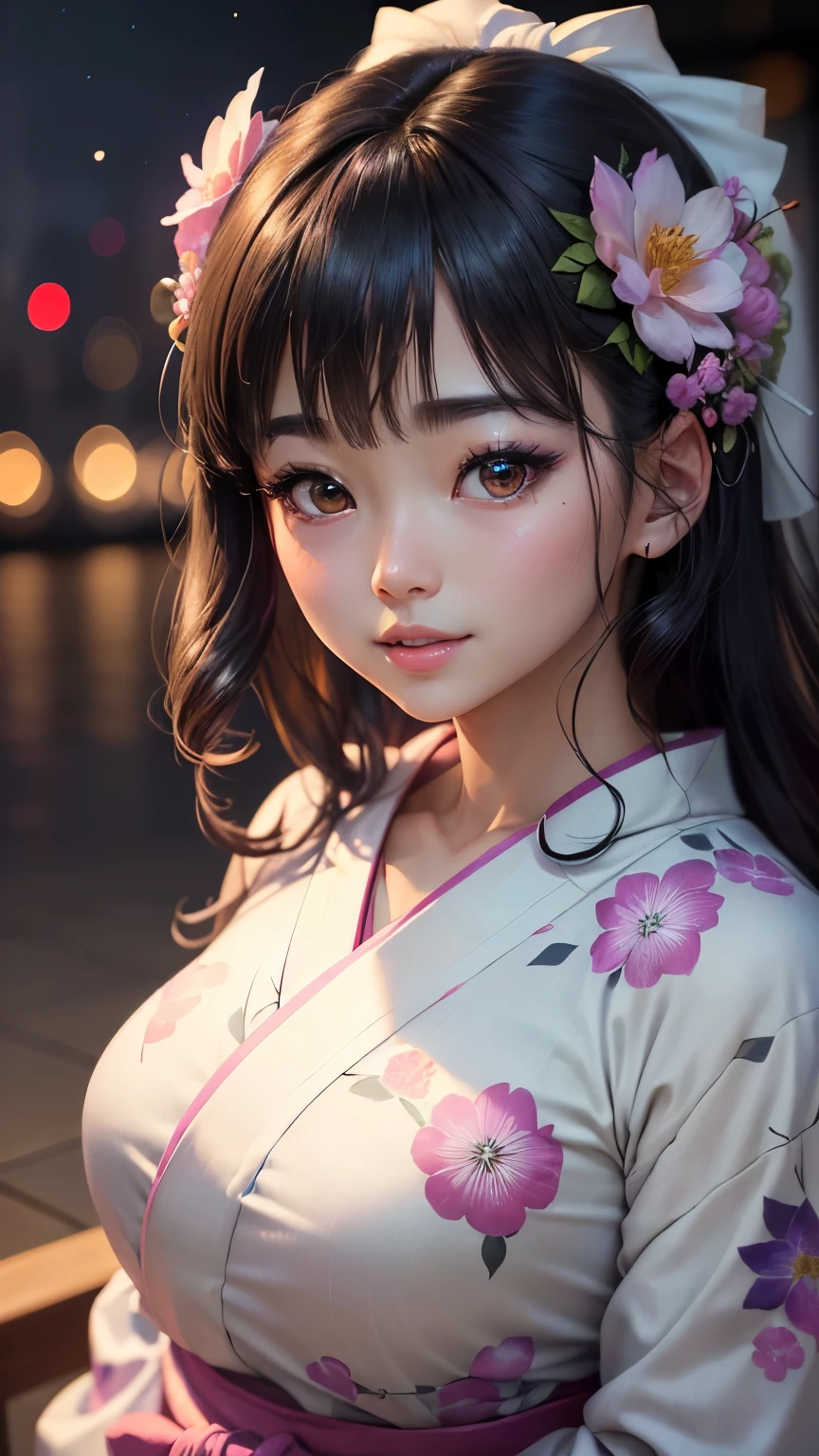 (logo、masterpiece、8K、Tabletop、RAW Photos、wonderful、最high quality、フォトリアリスティックでVery detailedな CG 複合 8K 壁紙、high quality、Very detailed、Narrative poem、Particle Effects、Dynamic Effects、Depth of the Boundary、Cinematic Light、Lens flare、Ray Tracing）、 (One beautiful woman wearing a yukata、White yukata、Light purple pattern)、Black-haired、High definition skin、Very fine、Fine skin texture、Beautiful Face、True Face、Beautiful details in the eyes、Realistic eyes、Beautifully detailed eyes、Realistic Skin、Beautiful Skin、Surreal、Smiling Eyes、Hair and light eyes、vivid、Colorful lights and bokeh、plump lower lip、Pink Lips、Hair flutters in Wind、Hair bounces、wonderful景色、night、evening、Wind、moonlight、moonlight、light