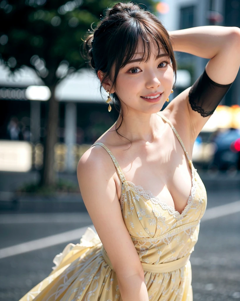 a woman posing on the street corner with no dress on, best quality, 1girl, large breasts, day, bright, blur background, bokeh, outdoor, (street:0.8), (people, crowds:1), (lace-trimmed , no dress gorgeous, (short hair, forehead:1.2), beautiful detailed sky, earrings, (dynamic pose:1.2), (upper body:0.8), soft lighting, wind, shiny skin, smile, 