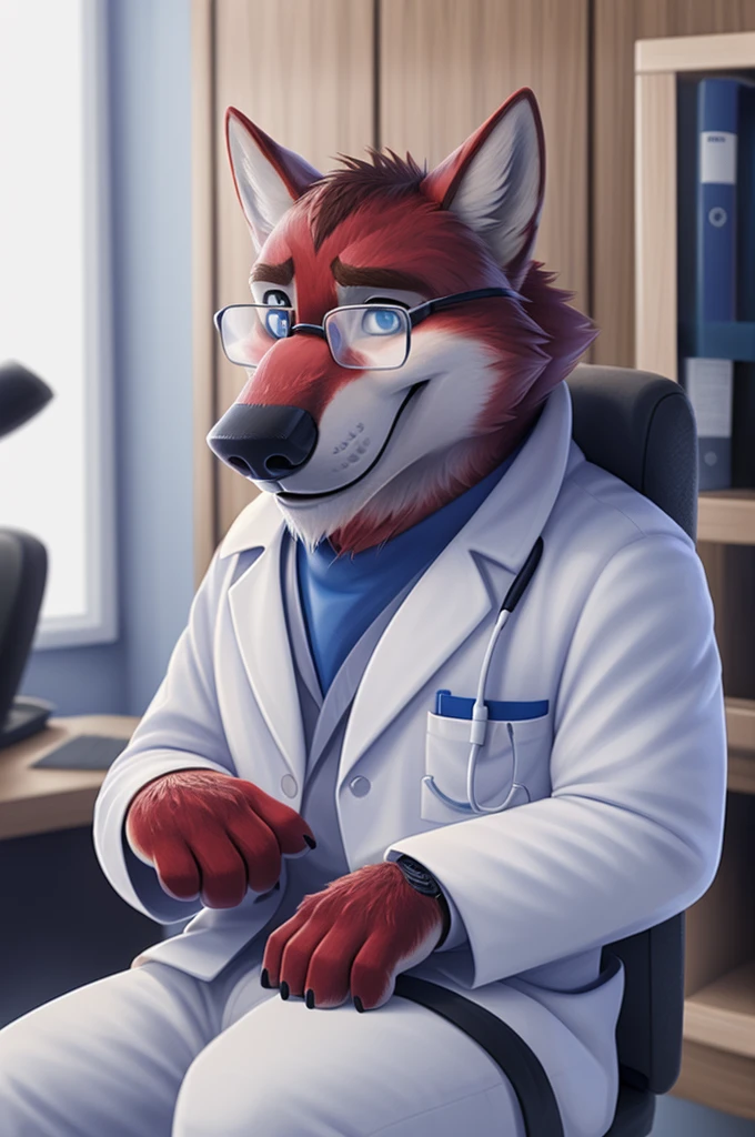 Ivan Fedorovich Wolfbach (Novosibirsk) ,tall handsome, wolf,young, 24 years, brown fur,Kind,(red body:1.3),beautiful blue eyes,Novosibirsk,dressed, glasses medical gray suit,pants, cardiologist, canine, wolf, detailed fur, male, second, paw pads, finger claws,At the viewer, 5 fingers, paws, 5 fingers, smile, wrist watch, т nextel,by xenoforge, (difficult, high detail, digital photography, soft focus, RAW,is sitting кабинете врача окулиста, ,Very close to the camera, variety,Novosibirsk, smile, good mood, positive, Very close to the camera, medical suit, the cabinet hands out a stethoscope,
Photorealism, realistic, photorealistic, digital style, Subsurface scattering,I look at the viewer,is sitting, office oculist doctor oculist,
masterpiece, Best quality, ultra realistic, 8 thousand.)