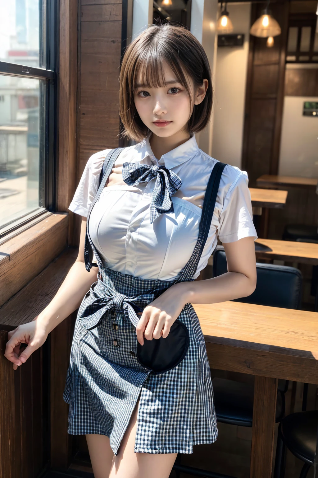 (8K, RAW Photos, Highest quality, masterpiece:1.2), (professional photography, full colors, studio-caliber color grading), (Gravure quality for high-end fashion magazines), BREAK, 1girl, (short hair:1.5), (round face:1.3), (double-breasted,underbust:1.2), (Plumpy body:1.2), (smooth skin:1.1), (breasts:1.2), BREAK, (gingham-check suspender-apron:1.3), (solid-blue high-waist skirt:1.3), (apron over skirt:1.2), (white blouse:1.3), short sleeves, button gap, (solid-blue bow-tie:1.2), BREAK, dynamic pose, cafe, Restaurant,