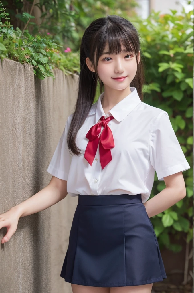 1 Girl, alone, Japanese girl, , 、(Highest quality, Realistic, High resolution, 8K, Very detailed, Detailed face, Shiny skin), Japanese , Collared shirt, White shirt, Red ribbon, Black Hair, ragged bangs, ponytail,Gazing into the distance,Navy blue mini skirt、Nice thighs、Are standing,Photographed from the front、The best smile、