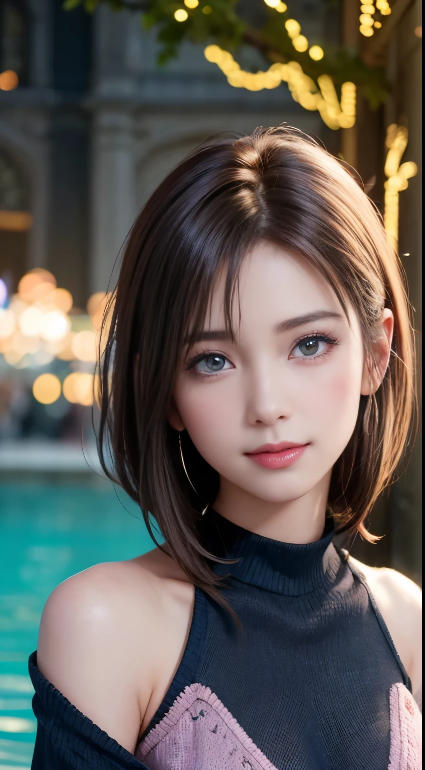 (logo, masterpiece, 8K, Tabletop, RAW Photos, wonderful, 最high quality, Photorealistic and very detailed CG composite 8k wallpaper, high quality, Very detailed, Narrative poem, Particle Effects, Dynamic Effects, Depth of the Boundary, Cinematic Light, Lens flare, Ray Tracing), short hair beautiful young woman, Hair tied back, high detail skin, very fine, fine skin texture, beautiful face, realistic eyes, beautifully detailed eyes, realistic skin, beautiful skin, surreal, smiling eyes, Hair and light eyes, Vibrant, Colorful lights and bokeh. The lighting casts a warm glow on her face and hair, Blue glow, Water surface reflection, Creates a dreamy and magical atmosphere, Big Breasts, Brown Hair, short hair, plump lower lip, pink blush on the cheeks , pink lips, brown tight no-shoulder knit sweater