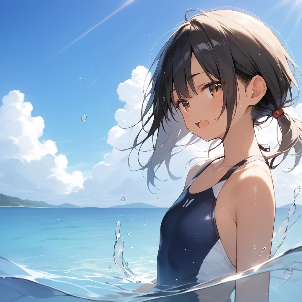 score_9, score_8_up, score_7_up, source_anime, best quality, masterpiece, official art, absurdres, highres, ultra-detailed,waifu2x,Collection: Slice of Life,break,1girl, tomboy, dark-skinned female, short hair, low ponytail, flat chest, beautiful detailed eyes, swimsuit, sweat, open mouth, (yawn:0.3), sleepily, swimming, outdoors, wind, break,(clear line illustration:1.2),very high resolution, very aesthetic, super detailed skin, Best sexual lighting powered by famous artist, 8k,cute picture,beauty illustration,photoshop_(medium),,(Detailed Lighting),best anime 8k konachan wallpaper, pixiv contest winner, 