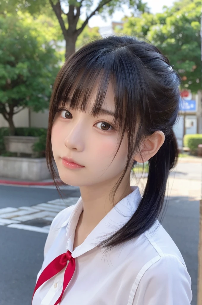 1 Girl, alone, Japanese girl, 14 years old, 、(Highest quality, Realistic, High resolution, 8K, Very detailed, Detailed face, Shiny skin), Japanese , Collared shirt, White shirt, Red ribbon, Black Hair, ragged bangs, ponytail,Gazing into the distance,Navy blue mini skirt、Nice thighs、Are standing,Photographed from the front、