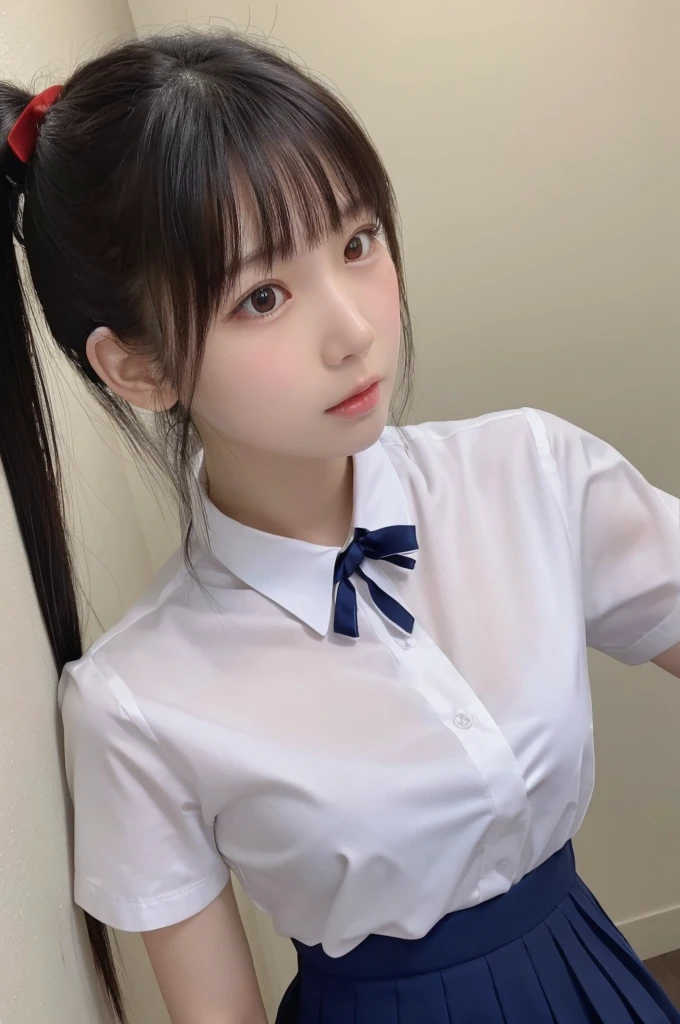 1 Girl, alone, Japanese girl, , 、(Highest quality, Realistic, High resolution, 8K, Very detailed, Detailed face, Shiny skin), Japanese , Collared shirt, White shirt, Red ribbon, Black Hair, ragged bangs, ponytail,Gazing into the distance,Navy blue mini skirt、Nice thighs、Are standing,Photographed from the front、