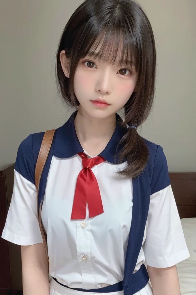 1 Girl, alone, Japanese girl, 14 years old, 、(Highest quality, Realistic, High resolution, 8K, Very detailed, Detailed face, Shiny skin), Japanese , Collared shirt, White shirt, Red ribbon, Black Hair, ragged bangs, ponytail,Gazing into the distance,Navy blue mini skirt、Nice thighs、Are standing,Photographed from the front、