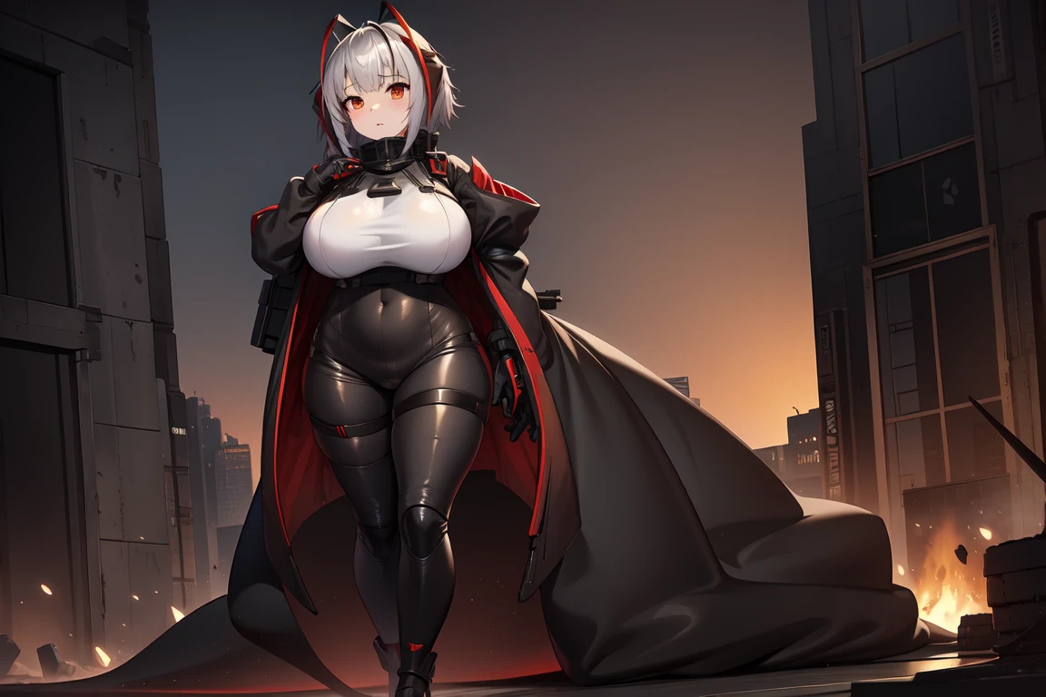 1girl, w_arknights, black bodysuit with red parts, city ruins, hi-tech armor pieces, mature, gigantic breasts, panties, thick legs, standing, walking