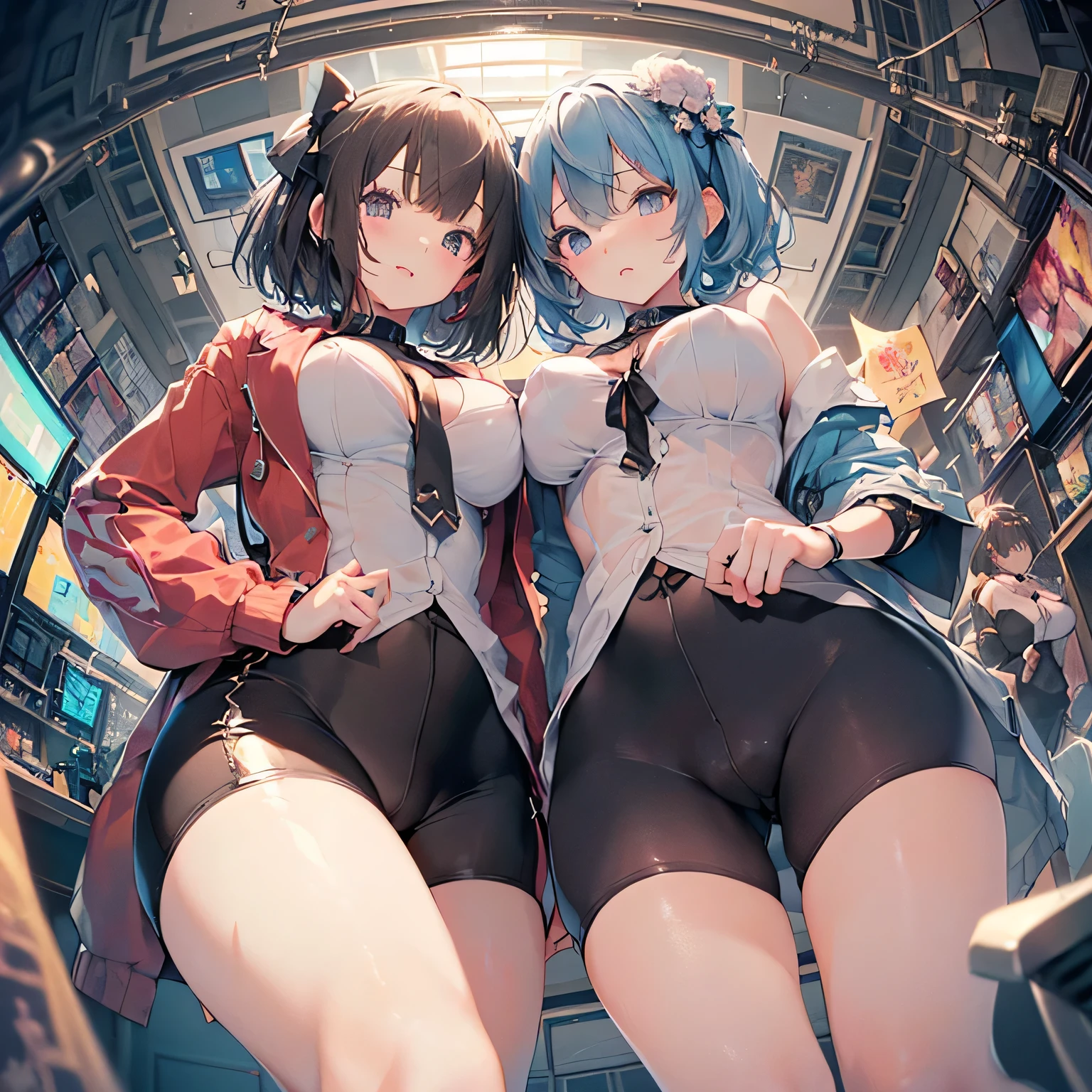 NSFW、(((Looking down through a fisheye lens)))、(((Perfect photo))), (((Commemorative photo of three girls))), , Azusa Nakano, , Jacket, View your viewers, smile、((濡れたBetween the legs)), Hidden crotch、SFW with hidden breasts, Big ample breasts!, SFW Big, Beautiful and seductive anime woman, Big ample breasts!!, Bust ratio adopted, Highest quality, Official Art, Best Anatomy, ((Super shiny bike shorts,:1.5))、Glowing Skin、Cowboy Shot, (Extreme close-up of the cliff from below)、(((From below、Between the legs,Focus the head, chest and legs in the center of the screen.:1.8)))、Extremely colorful