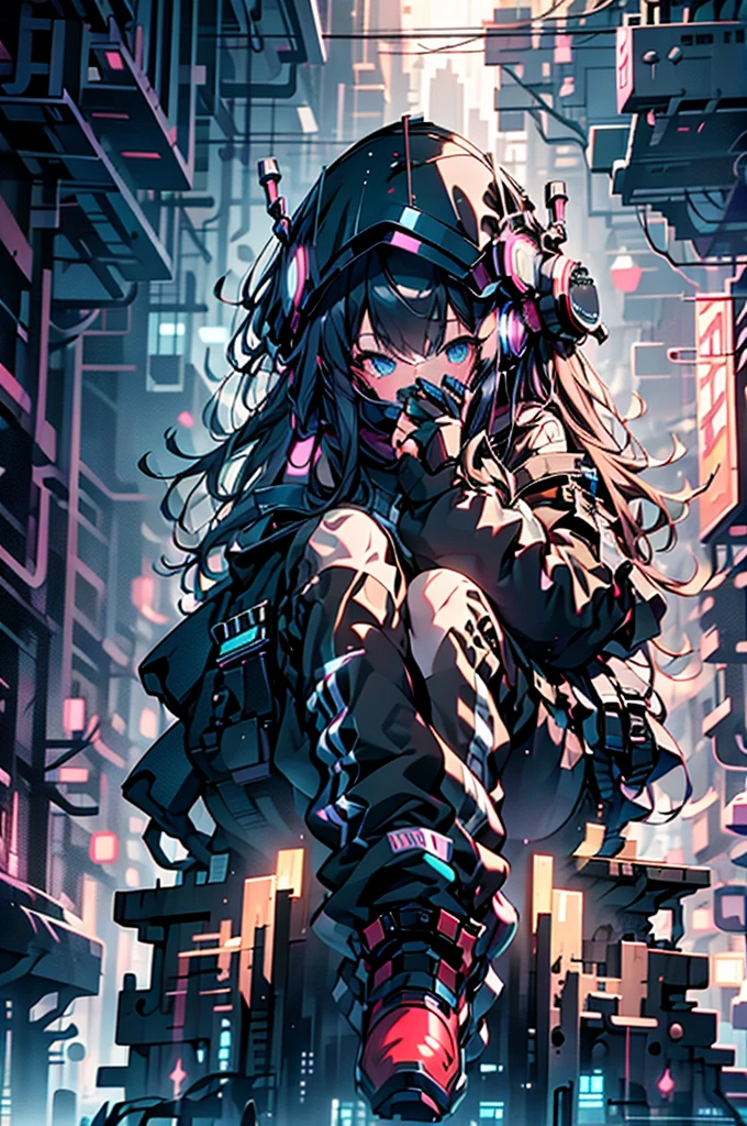 Highest quality、masterpiece、night、Headphones、cyber punk、Cyber City、Sitting on high ground、Long Shot、Wide Shot、One Girl