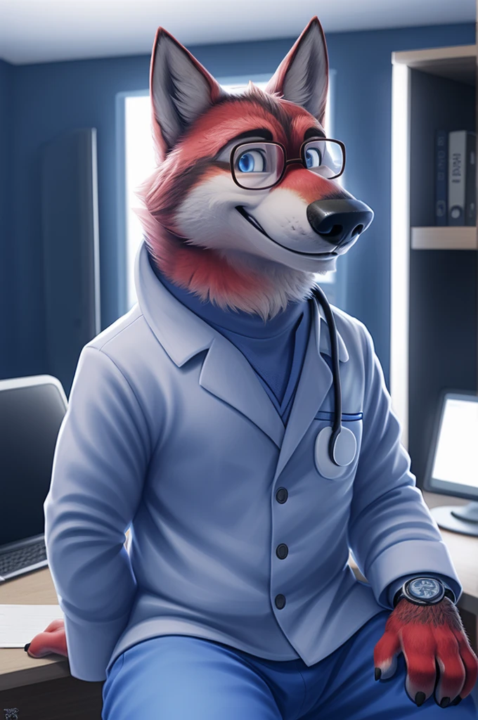 Ivan Fedorovich Wolfbach (Novosibirsk) ,tall handsome, wolf,young, 24 years, brown fur,Kind,(red body:1.3),beautiful blue eyes,Novosibirsk,dressed, glasses medical gray suit,pants, cardiologist, canine, wolf, detailed fur, male, second, paw pads, finger claws,At the viewer, 5 fingers, paws, 5 fingers, smile, wrist watch, т nextel,by xenoforge, (difficult, high detail, digital photography, soft focus, RAW,is sitting кабинете врача окулиста, ,Very close to the camera, variety,Novosibirsk, smile, good mood, positive, Very close to the camera, medical suit, the cabinet hands out a stethoscope, 
Photorealism, realistic, photorealistic, digital style, Subsurface scattering,I look at the viewer,is sitting, office oculist doctor oculist, 
masterpiece, Best quality, ultra realistic, 8 thousand.)