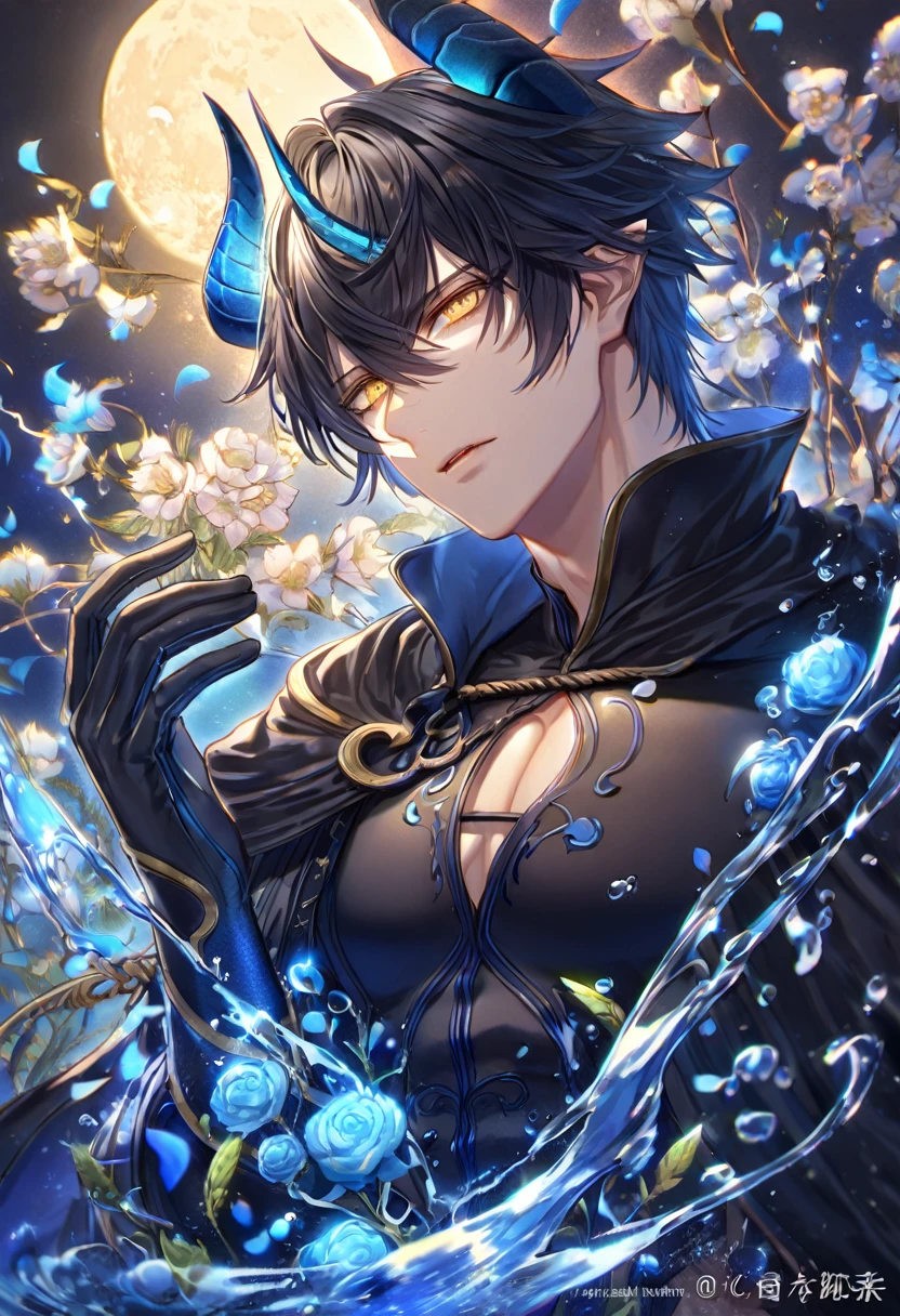 absurdres, highres, ultra detailed, HDR, master piece, Yuden, spiked black hair with bangs, hair between the eyes, expressive yellow eyes, black vest, Demon Fantasy, sexy man, handsome, best quality, blue moon, flowers, fantasy, magical, solo, black coat, water, blue shining fireflies, black cape, black gloves, black tight shirt, blue petals, demon black horns, toned chest