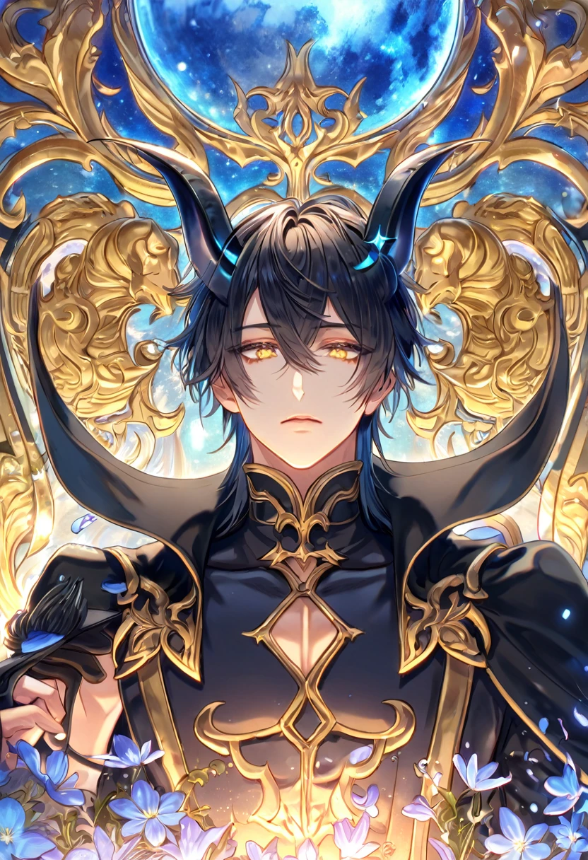 absurdres, highres, ultra detailed, HDR, master piece, Yuden, spiked black hair with bangs, hair between the eyes, expressive yellow eyes, black vest, Demon Fantasy, sexy man, handsome, best quality, blue moon, flowers, fantasy, magical, solo, black coat, water, blue shining fireflies, black cape, black gloves, black tight shirt, blue petals, demon black horns, toned chest