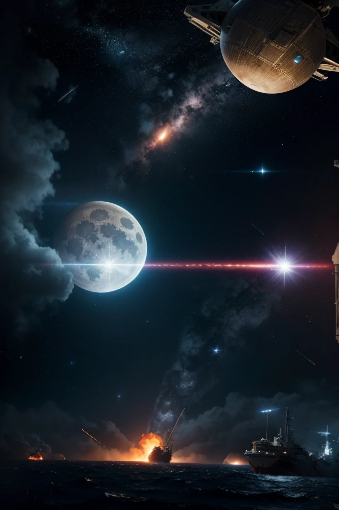 a space battle between starships with a giant artificial moon and a nebula looming in the background, masterpiece, best, photo realistic space battle, explosions, ship wreckage, epic space battle