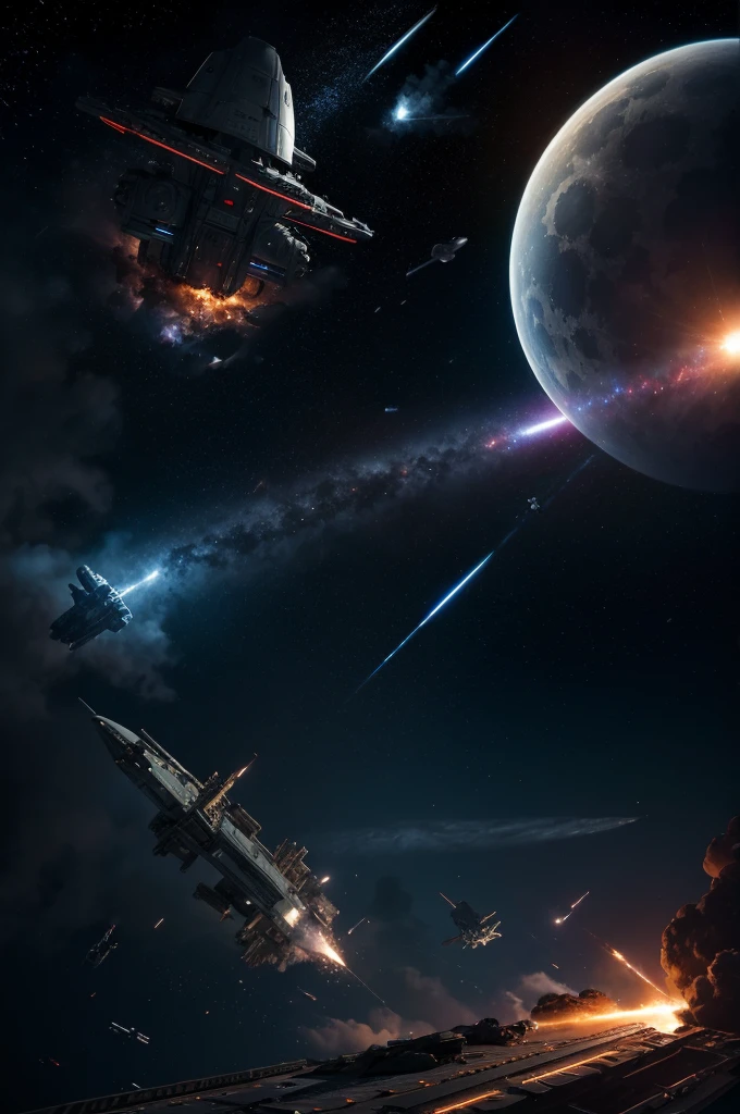 a space battle between starships with a giant artificial moon and a nebula looming in the background, masterpiece, best, photo realistic space battle, explosions, ship wreckage, epic space battle