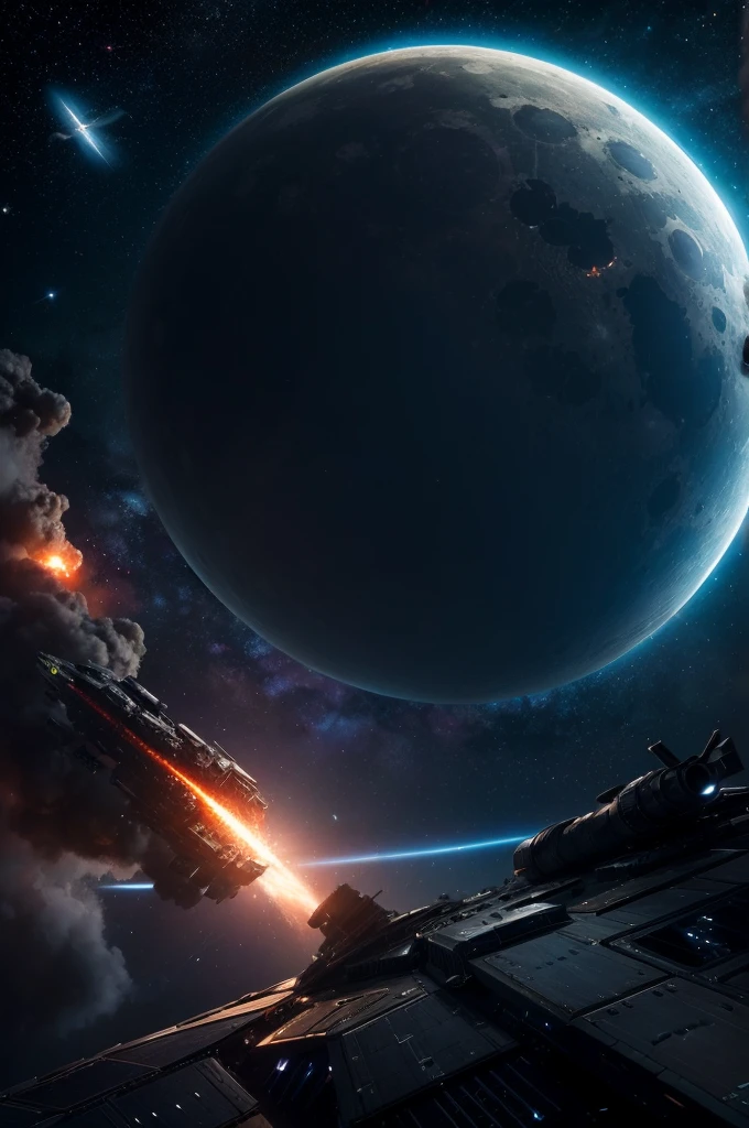 a space battle between starships with a giant artificial moon and a nebula looming in the background, masterpiece, best, photo realistic space battle, explosions, ship wreckage, epic space battle