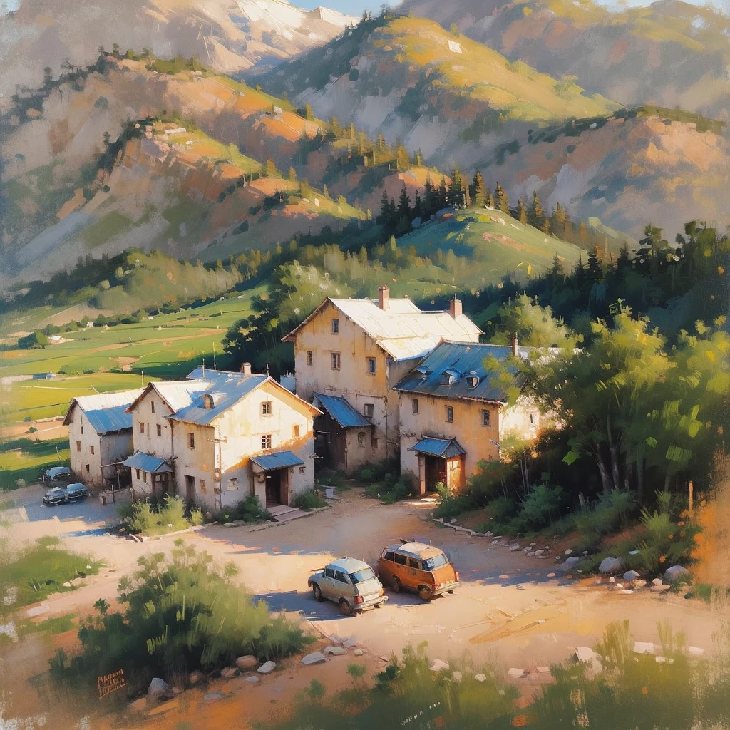 Mountain landscape impression | vintage oil painting, (OLD HOUSE ) AERIAL VIEW OF MINAS GERAIS - SUNSET