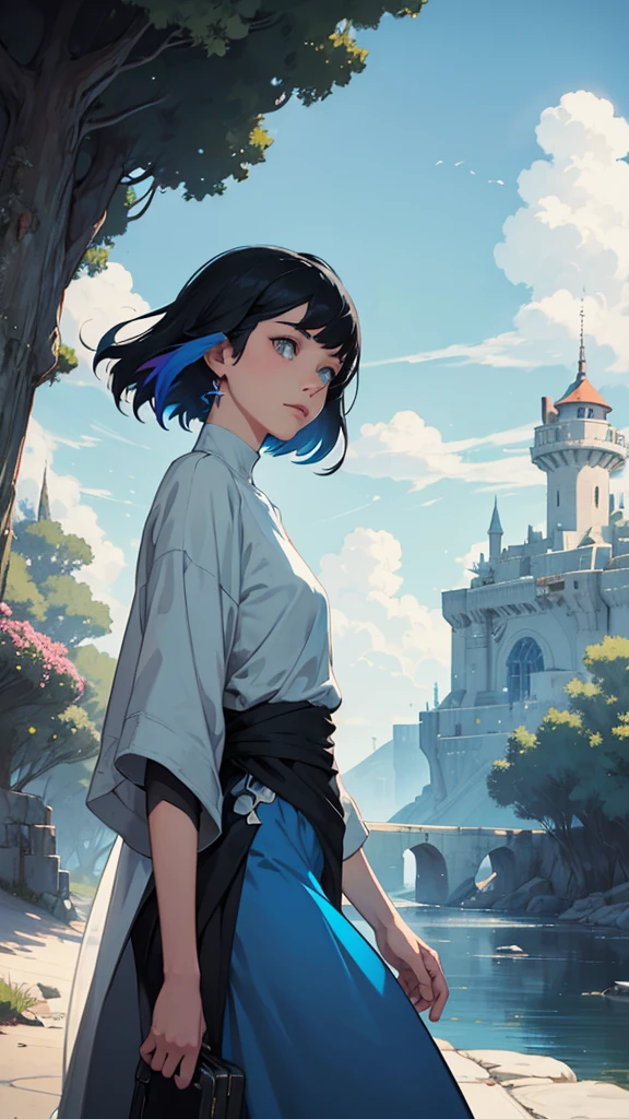 Create a thumbnail for a video about the game GRIS. The image should be divided into two parts:
Left Side (Colorful World): Show the protagonist of GRIS, a young woman with black hair wearing a blue dress, with a joyful expression, The background should be vibrant and colorful, featuring multicolored trees, bright flowers, and a clear blue sky with soft clouds.
Right Side (Gray World): Show the same protagonist with a sad or despairing expression, The background should be gray and desolate, with withered trees, cracked ground, and an overcast sky.
Add a short and impactful text in large, bold, and contrasting colors, such as 'From Color to Gray' or 'The Journey of GRIS', Ensure the text is legible and stands out, Include artistic elements that reflect the unique visual style of the game GRIS.