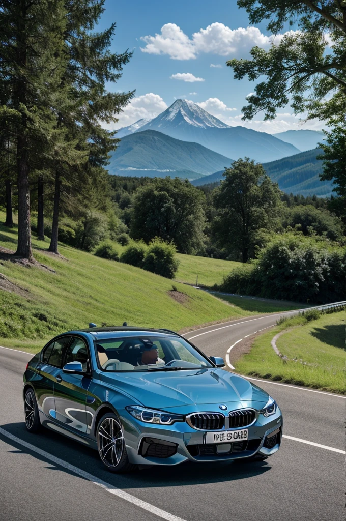 Bmw car on road, mountain there, trees , grass