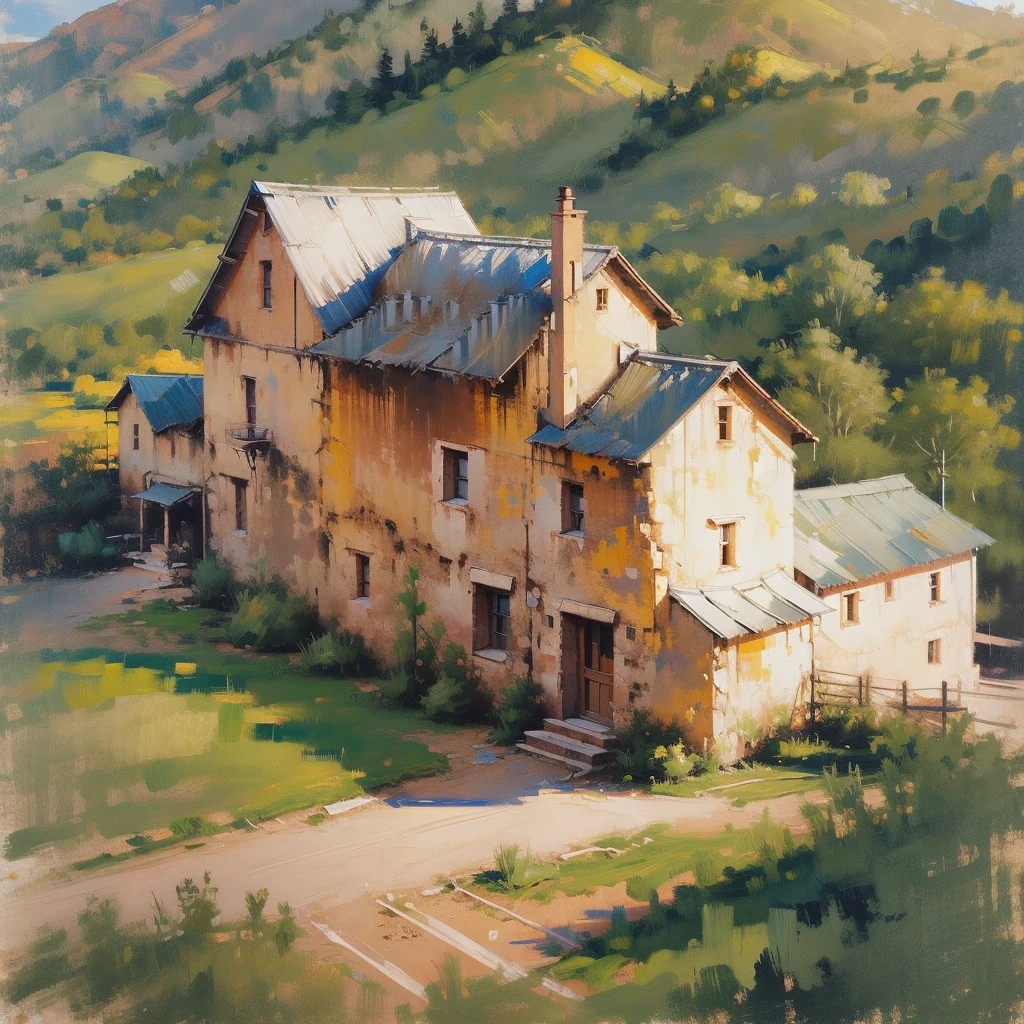 Mountain landscape impression | vintage oil painting, (OLD HOUSE ) AERIAL VIEW OF MINAS GERAIS - SUNSET