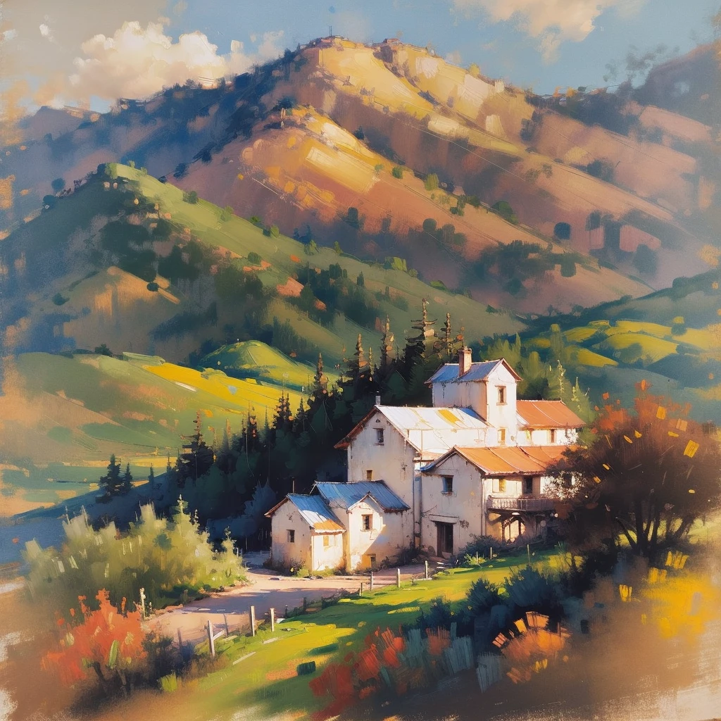 Mountain landscape impression | vintage oil painting, (OLD HOUSE ) AERIAL VIEW OF MINAS GERAIS - SUNSET