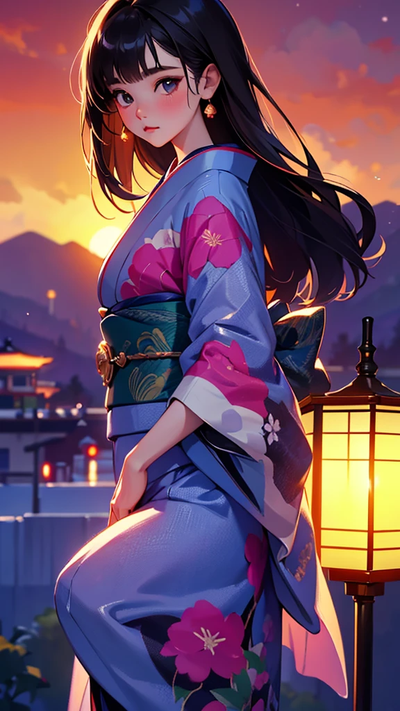 Tabletop, Highest quality, Very delicate and beautiful girl,Very delicate and beautiful, World Masterpiece Theatre, Very detailedな, Very detailed, Highest quality, Very beautiful silky black hair,kimono,Japanese Clothing,落ち着いた色合いのkimono,ナチュラルカラーのkimono, High resolution, Very detailed,1 Girl, Highest quality, shape, Looking at the audience, Material, canvas, Oil, Genuineistic, Realist ,Genuine,Great background,Otherworldly background,