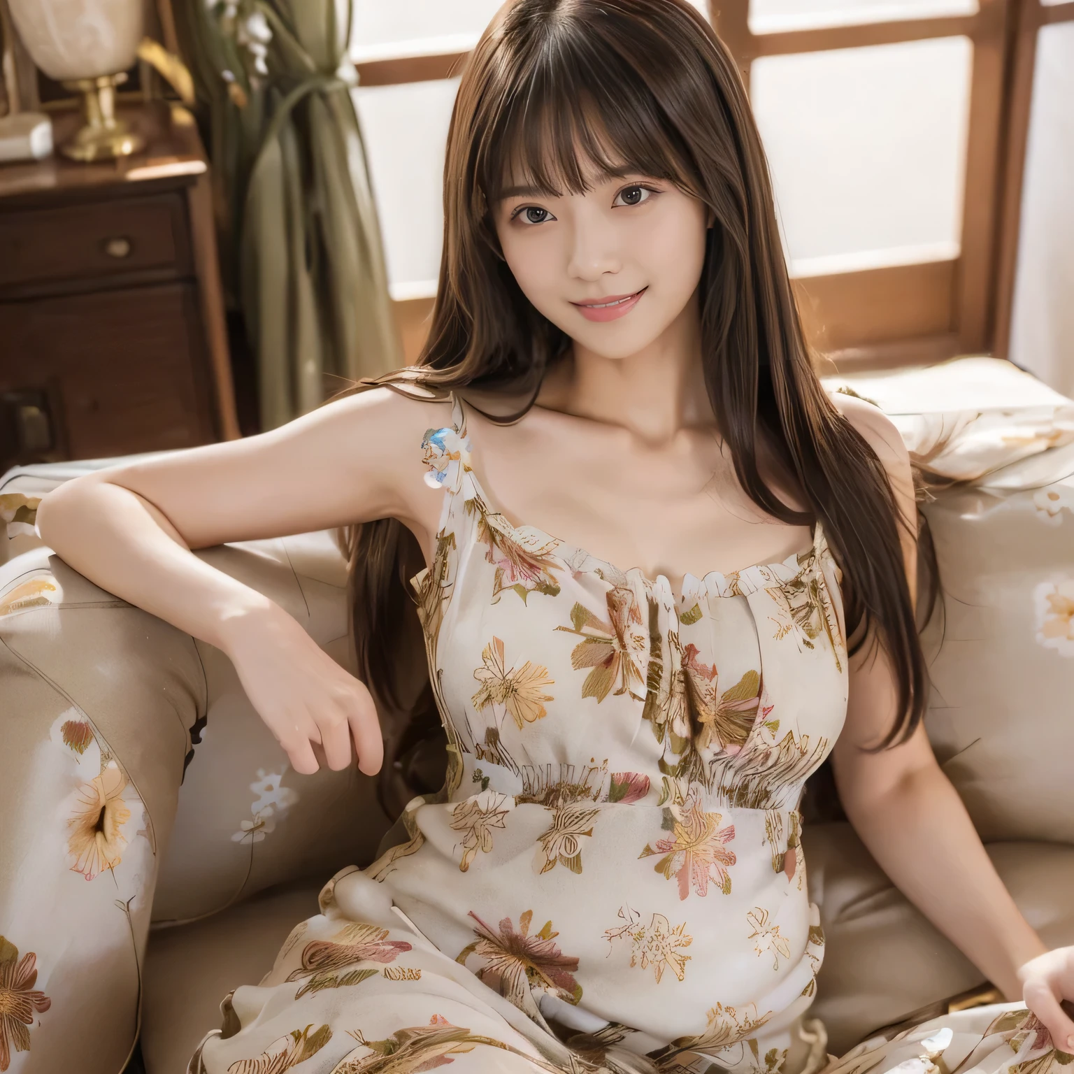 (Sensual look:1.9), ((Full Body Shot:1.9 Highest quality)), (panorama:1.8), Cinema Lighting, (RAW Photos, Highest quality), ( Realistic:1.4), realism, masterpiece, Very delicate and beautiful, Very detailed, 4k wallpaper, wonderful, finely, Very detailed CG unity 8k wallpaper, Very detailed, High resolution, Soft Light,Japanese, (one shot:1.9), (20-year-old:1.6), (Height: 155cm, Weight: 48Kg:1.9), (Round face:1.2), (Fat:0.8), Beautiful detailed woman,Famous Japanese actresses, Detailed face, finelyて美しい目, Very detailedな目と顔, Beautiful eyes and a beautifully detailed nose, (Straight Hair:1.4), Shiny Hair, Shiny Hair, Brown Hair, (bangs:1.4), Long, slender legs, Toned body, (Smiling:1.5), Natural Makeup, (Floral dress:1.7), (Unwind in the living room:1.2),