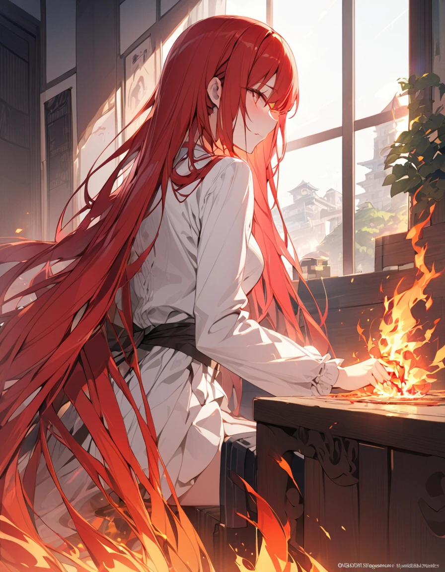 masterpiece Detailed description A woman with very long red hair Very intense flames all over Spell