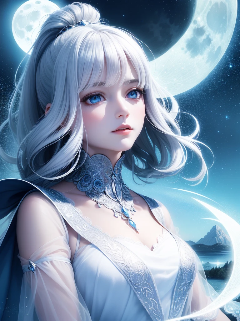 Masterpiece, (Best Quality: 1.2), (Super Fine: 1.2), Illustration, (Extremely Delicate and Beautiful: 1.2), Film Angle, Floating, (Beautiful Detail Eye: 1.1), (Detail Light: 1.1), Film Lights, Delicate Sky, Woman, White Hair, Blue Eyes, (High Ponytail: 1.1), Cloak, Glowing Eyes, (Moon: 1.2), (Moonlight: 1.1), Starry Sky, (Light Particles: 1.1), Fog , snow painting, sketching, blooming