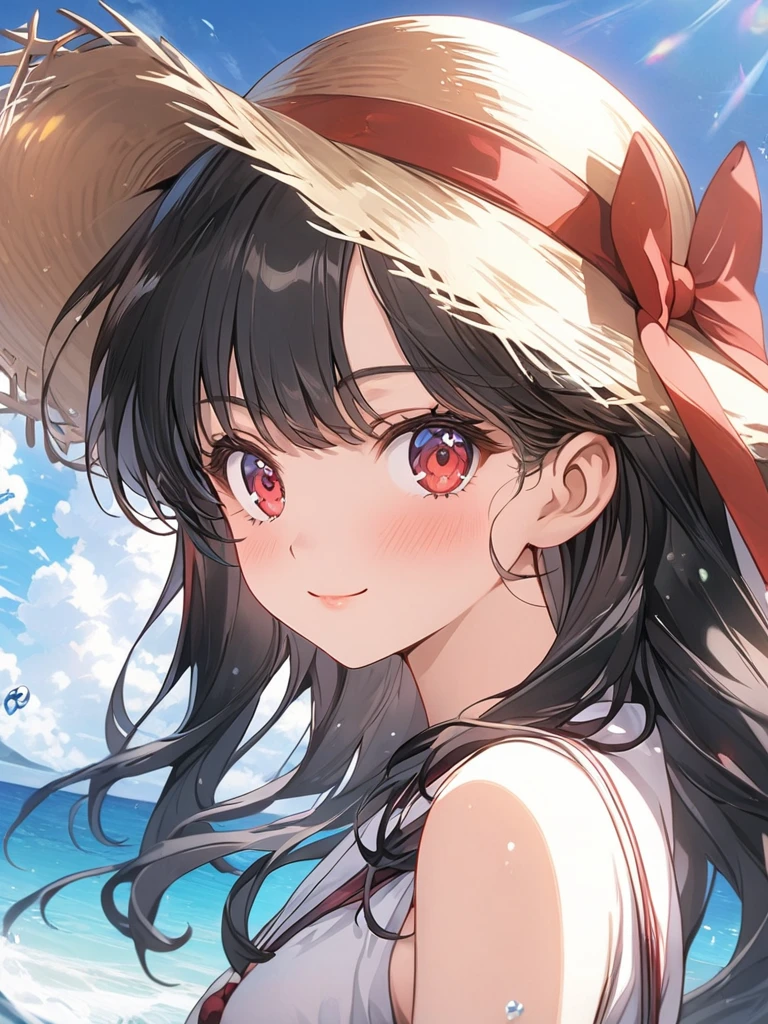 (masterpiece, best quality), very aesthetic, absurdres, extremely detailed CG unity 8k wallpaper, super fine illustration, (detailed_face:1.2), BREAK 1girl, long black hair wearing a straw hat, small ???????, (glamorous expression), red eyes, anime style 4k, beautiful anime portrait, anime moe art style, anime art wallpaper 4k, High quality anime art style, anime style portrait, be familiar with digital anime art, anime art wallpaper 8k, cute anime girl portrait, Hawaii background, blue sea, palm trees, sunlight, whole body, BREAK depth of field, perfect hands, nice fingers, 5_finger, 4_finger,1_thumb,