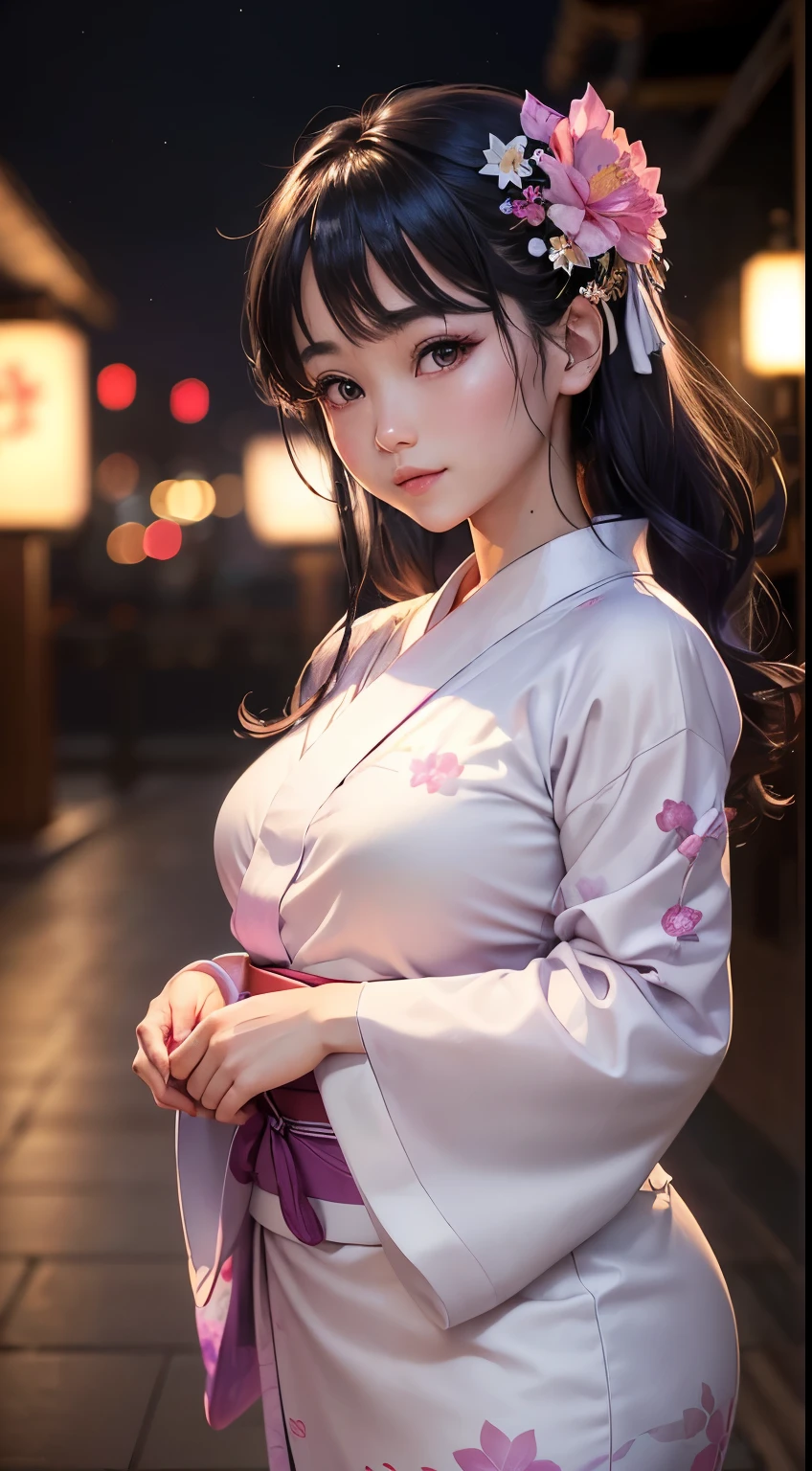 (logo、masterpiece、8K、Tabletop、RAW Photos、wonderful、最high quality、フォトリアリスティックでVery detailedな CG 複合 8K 壁紙、high quality、Very detailed、Narrative poem、Particle Effects、Dynamic Effects、Depth of the Boundary、Cinematic Light、Lens flare、Ray Tracing）、 (One beautiful woman wearing a yukata、White yukata、Light purple pattern)、Black-haired、High definition skin、Very fine、Fine skin texture、Beautiful Face、True Face、Beautiful details in the eyes、Realistic eyes、Beautifully detailed eyes、Realistic Skin、Beautiful Skin、Surreal、Smiling Eyes、Hair and light eyes、vivid、Colorful lights and bokeh、plump lower lip、Pink Lips、Hair flutters in Wind、Hair bounces、wonderful景色、night、evening、Wind、moonlight、moonlight、light