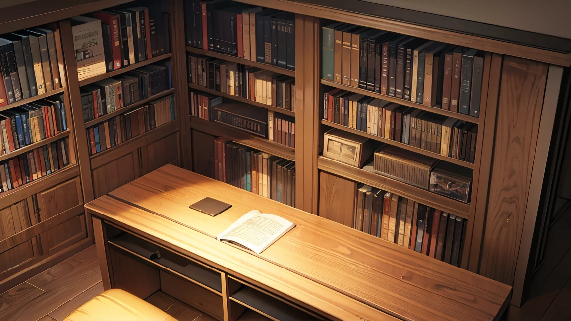 A narrow and dark study、A wall completely covered with bookshelves、There is one desk with a PC in the center.、No people