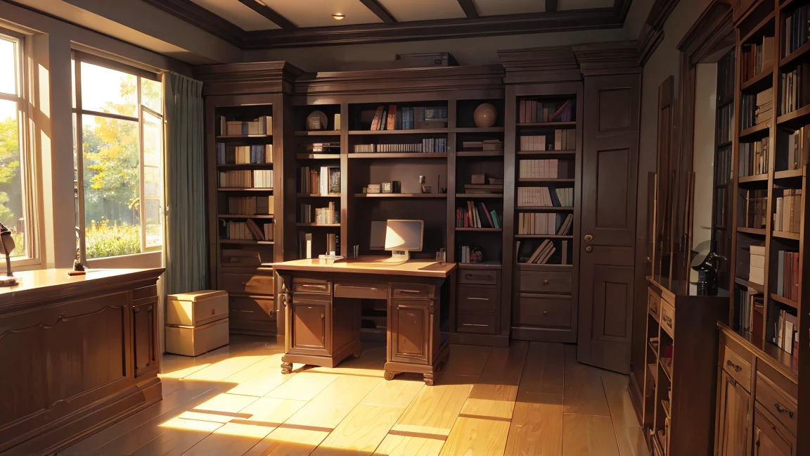 A narrow and dark study、A wall completely covered with bookshelves、There is one desk with a PC in the center.、No people